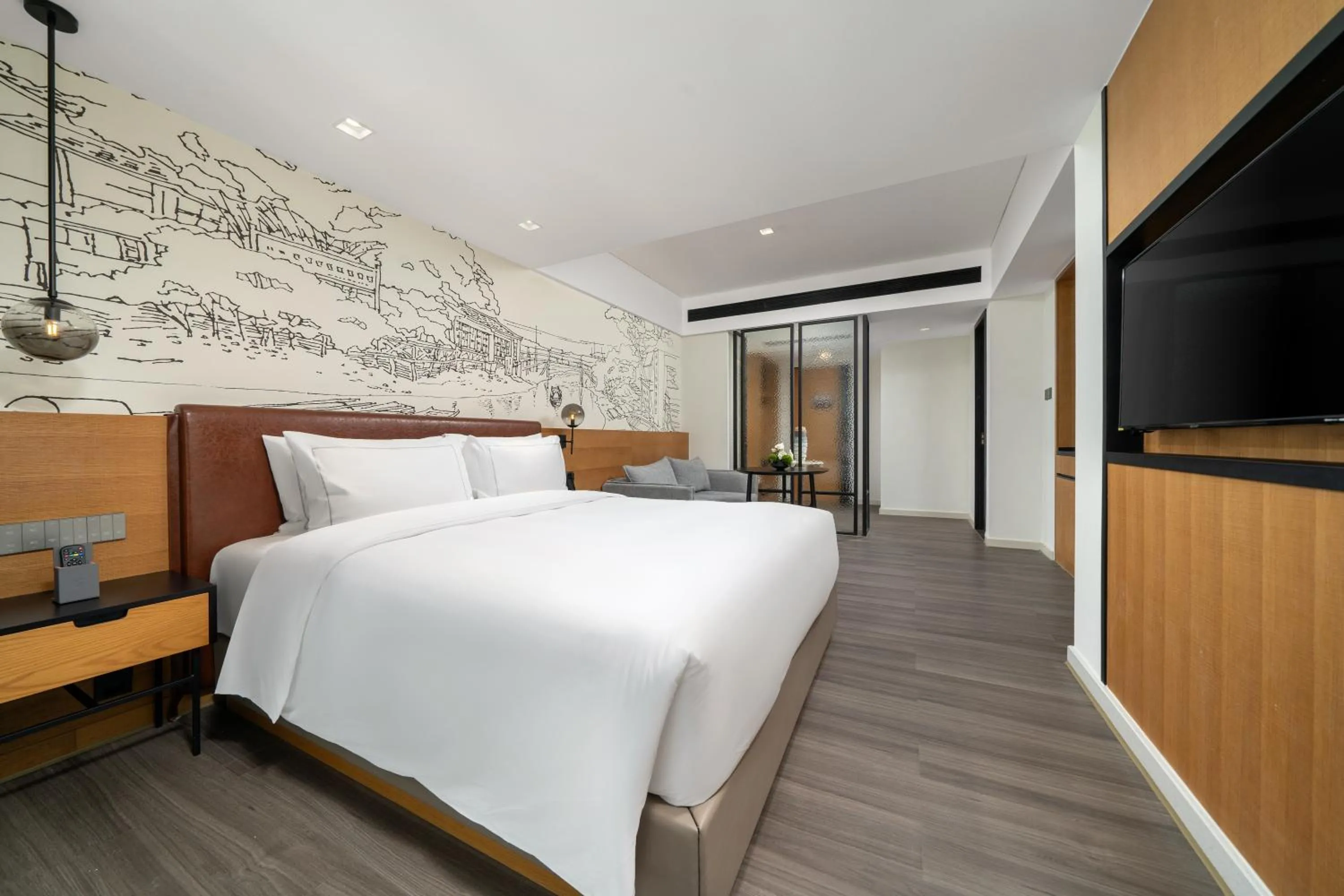 Photo of the whole room, Bed in UrCove by HYATT Guangzhou Canton Tower Exhibition CenterFree shuttle buses for the Canton Fair and the certificate - handling points for Phase 1