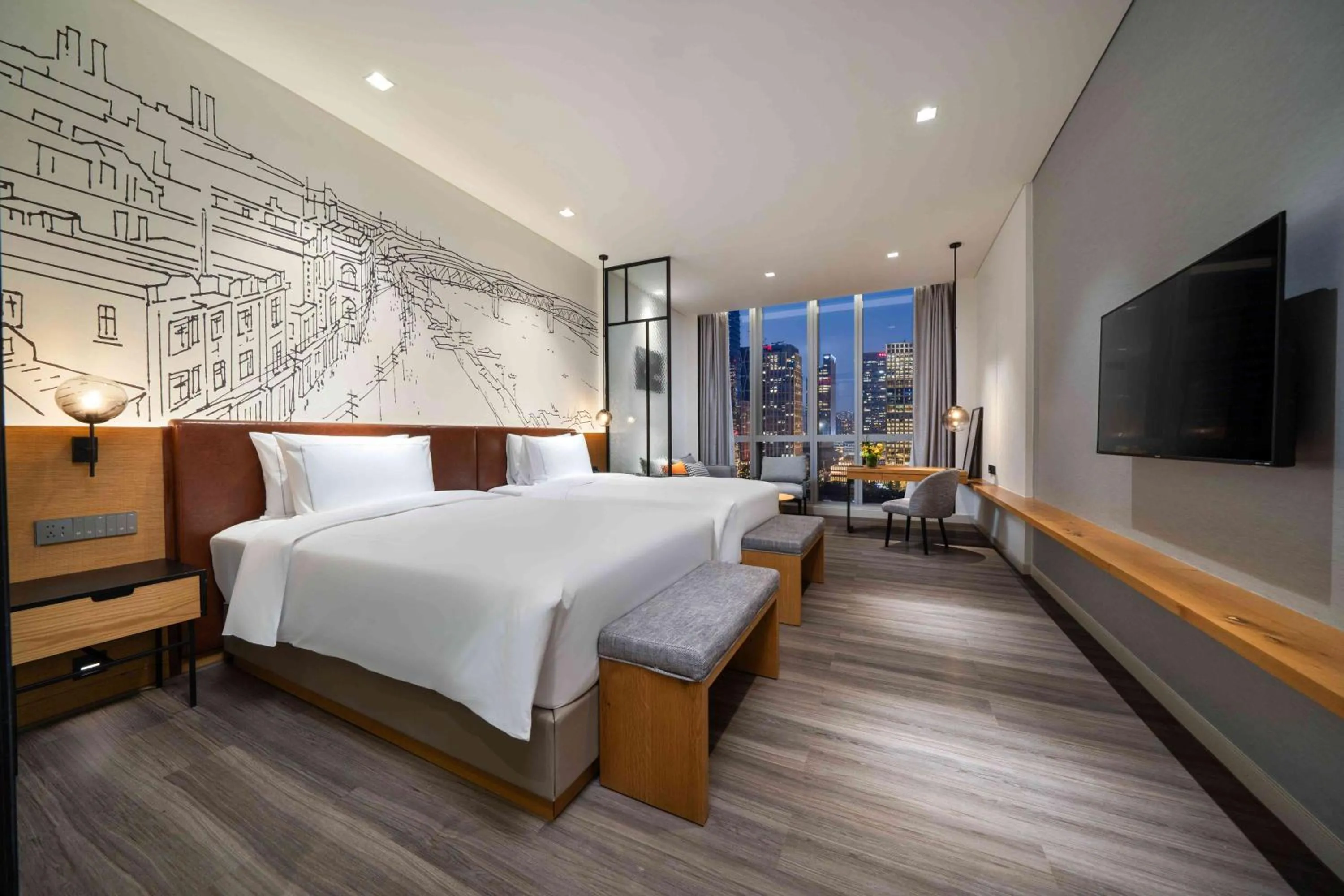 Photo of the whole room, Bed in UrCove by HYATT Guangzhou Canton Tower Exhibition CenterFree shuttle buses for the Canton Fair and the certificate - handling points for Phase 1