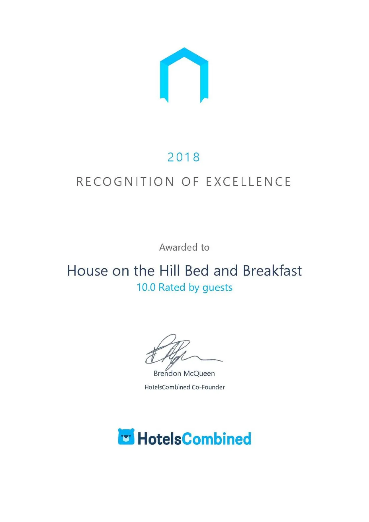 Certificate/Award in House on the Hill Bed and Breakfast