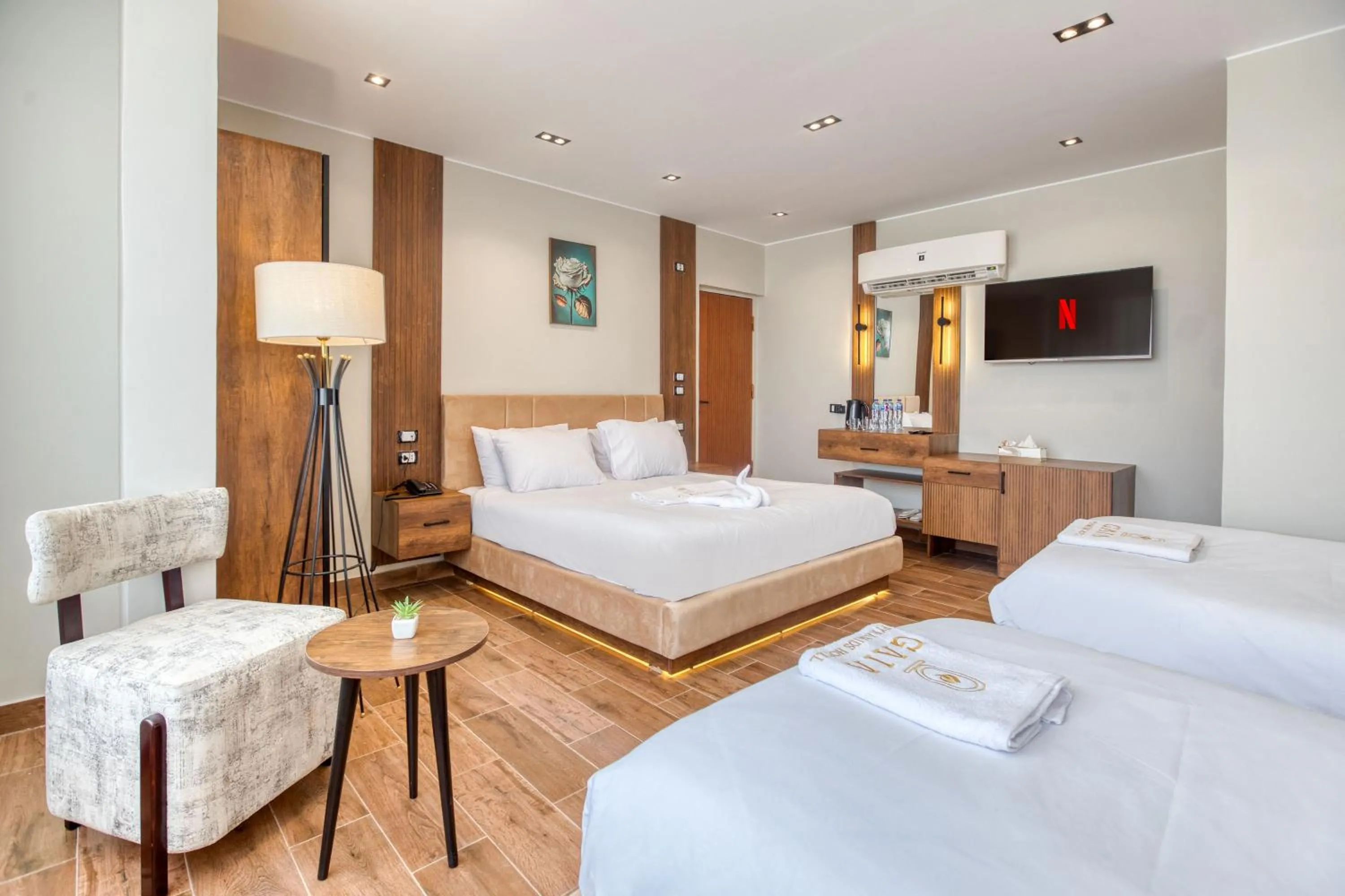 Communal lounge/ TV room, Bed in Gaia Pyramids Hotel