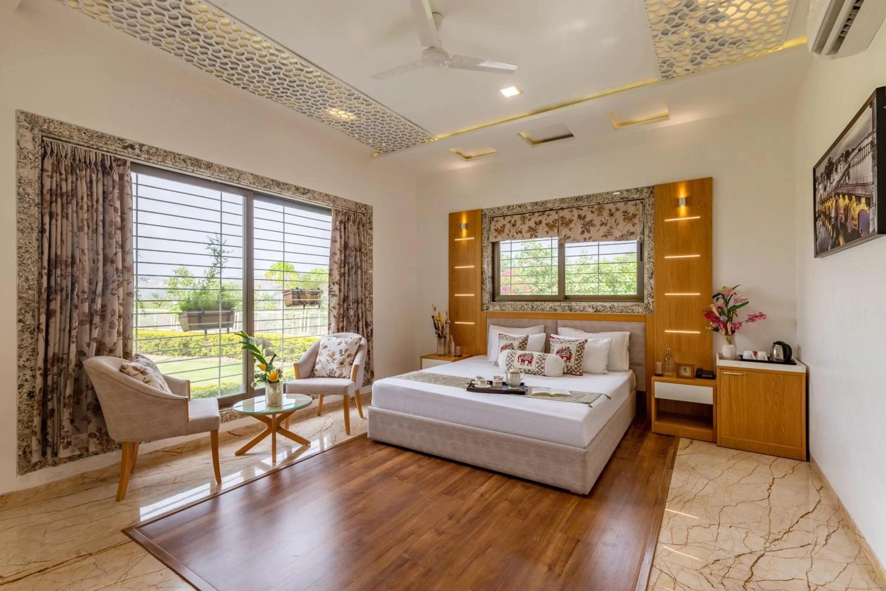 Bed in ELIVAAS Shourya Celesta Luxe 3BHK Villa with Pvt Pool, Udaipur