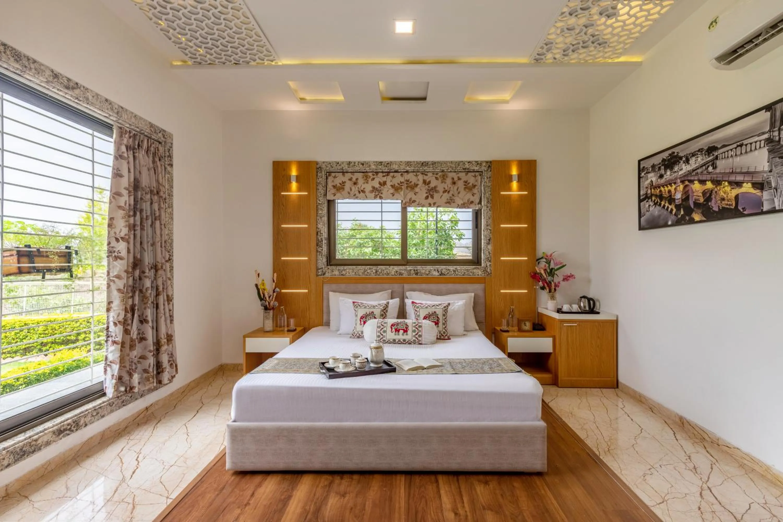 Bed in ELIVAAS Shourya Celesta Luxe 3BHK Villa with Pvt Pool, Udaipur