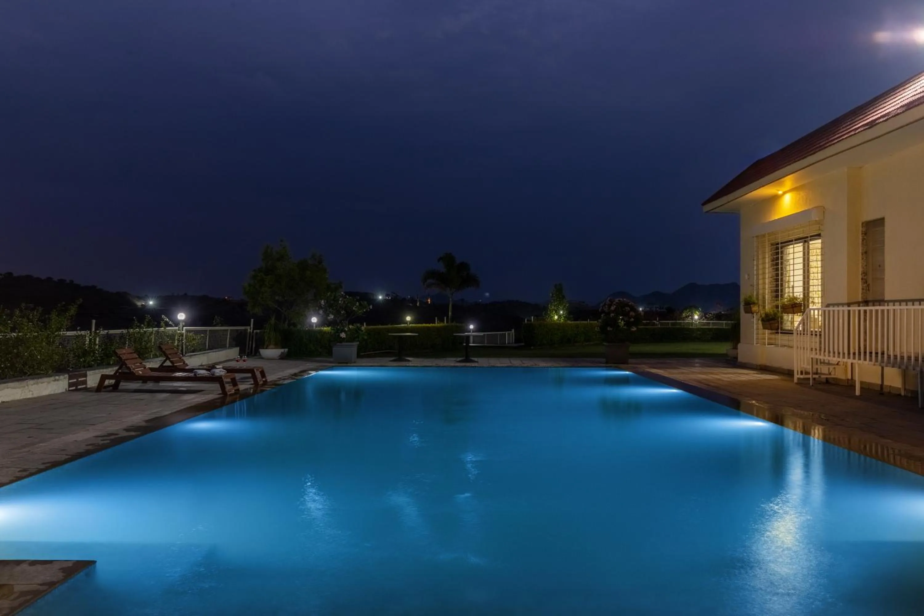 Night in ELIVAAS Shourya Celesta Luxe 3BHK Villa with Pvt Pool, Udaipur