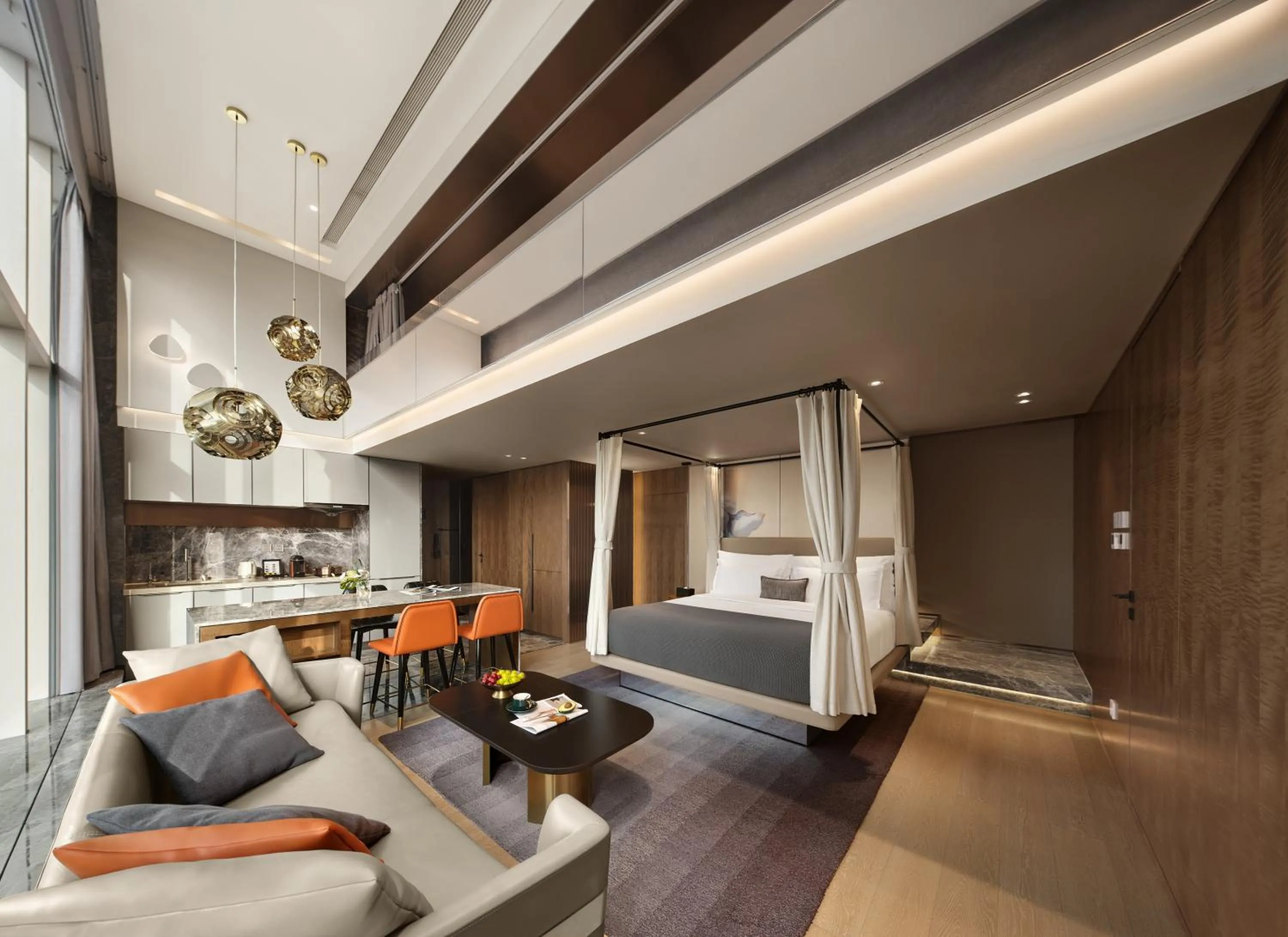 Living room, Bed in ISEYA Serviced Apart-ment Chengdu Taikoo Li Flagship