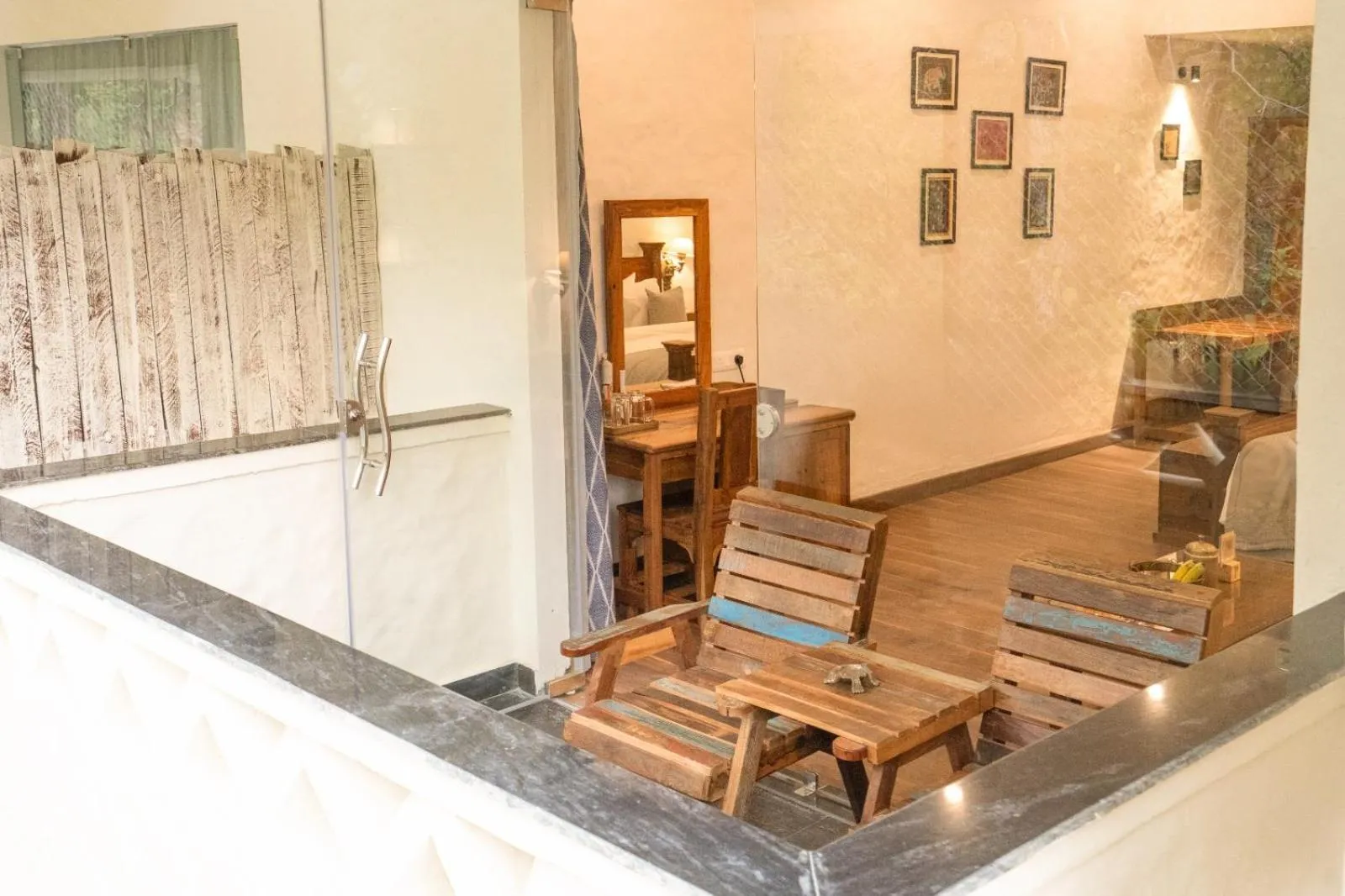 Seating area in Paatlidun Safari Lodge, Jim Corbett