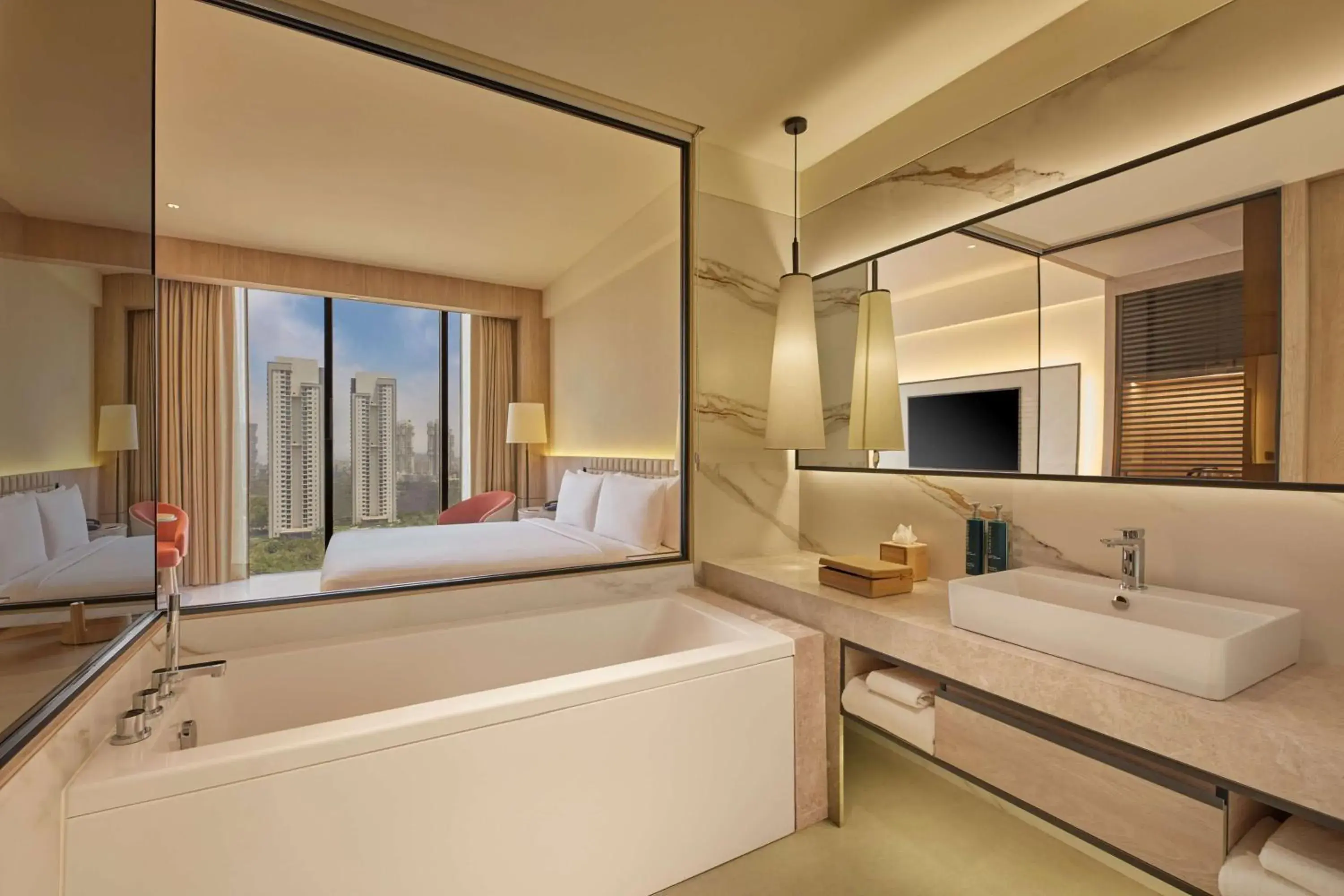 Bathroom, Bed in Hilton Gurugram Baani City Centre Bathroom, Bed in Hilton Gurugram Baani City Centre