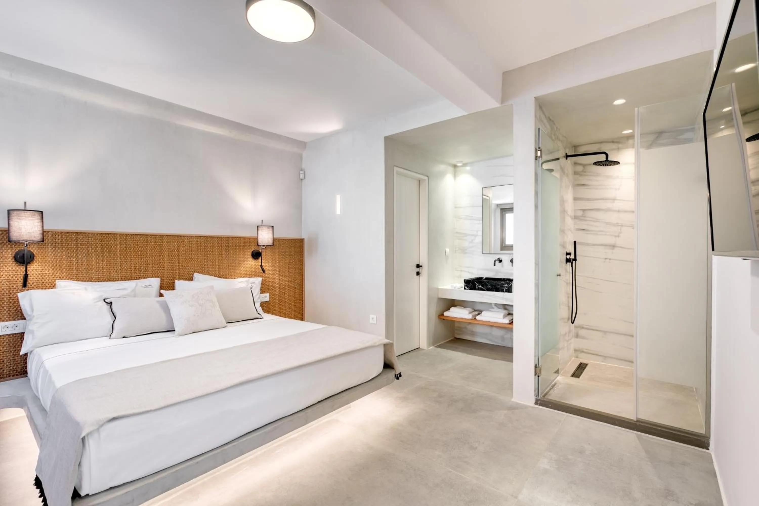 Shower, Bed in Nasta Suites & Villas Intentional Living Mykonos