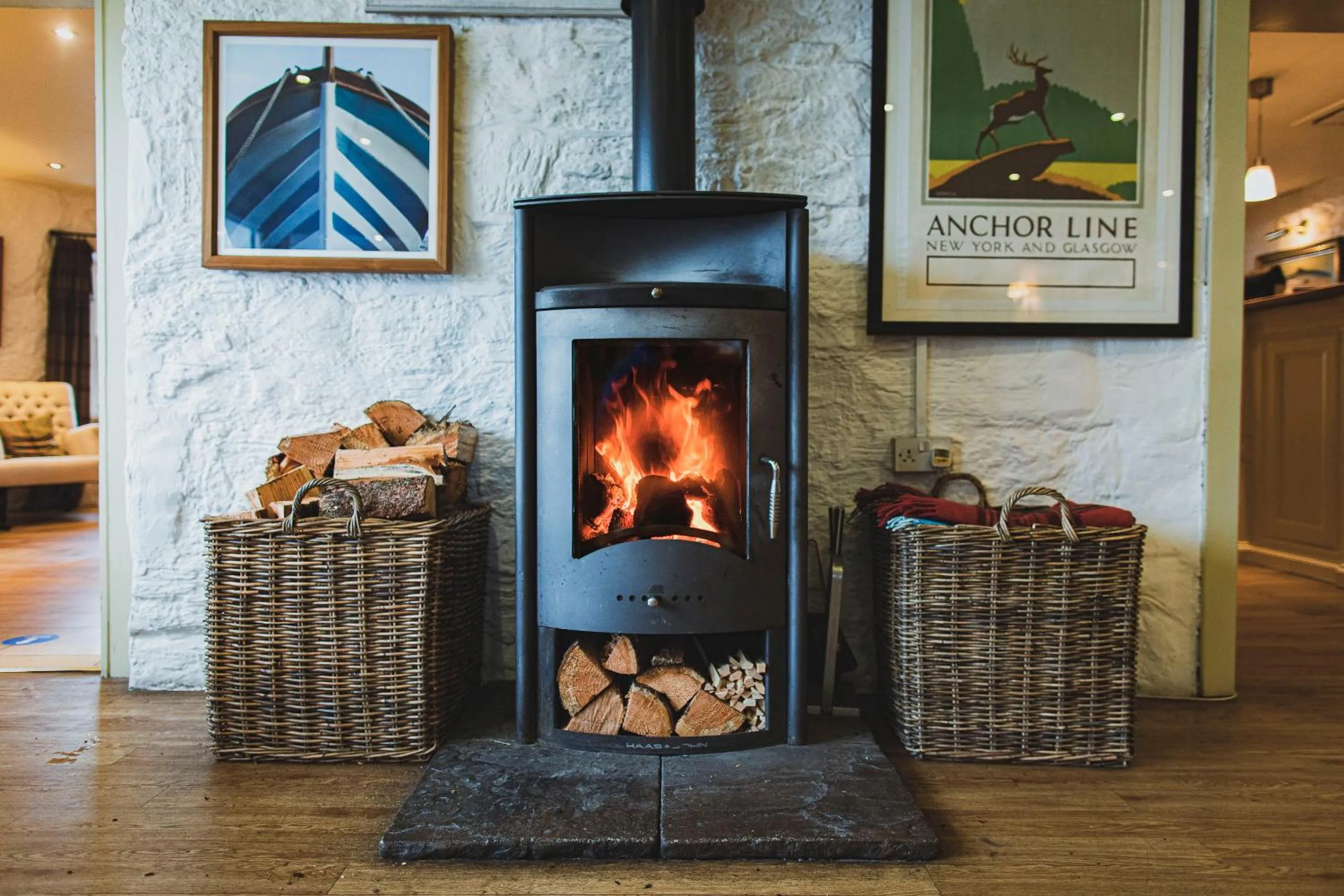 fireplace in The Pierhouse Hotel
