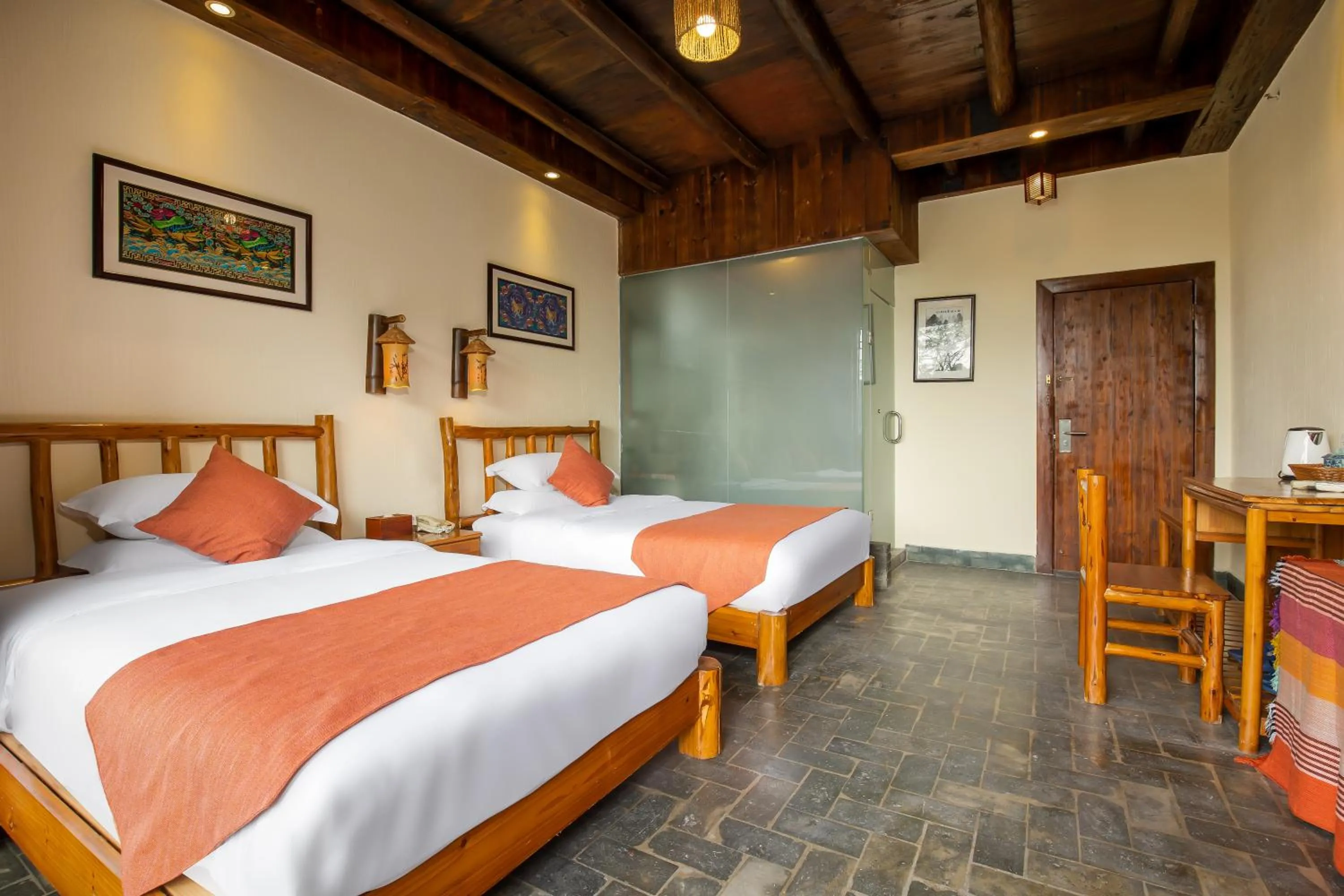 Bedroom, Bed in Yangshuo River Lodge Hotel - Airport or TS Free pick up over 3 nights