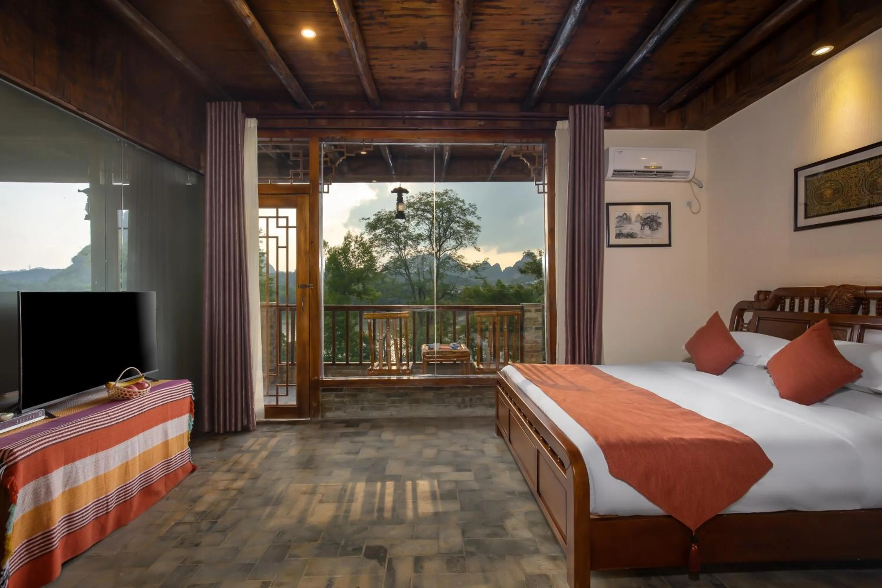 View (from property/room), Bed in Yangshuo River Lodge Hotel - Airport or TS Free pick up over 3 nights