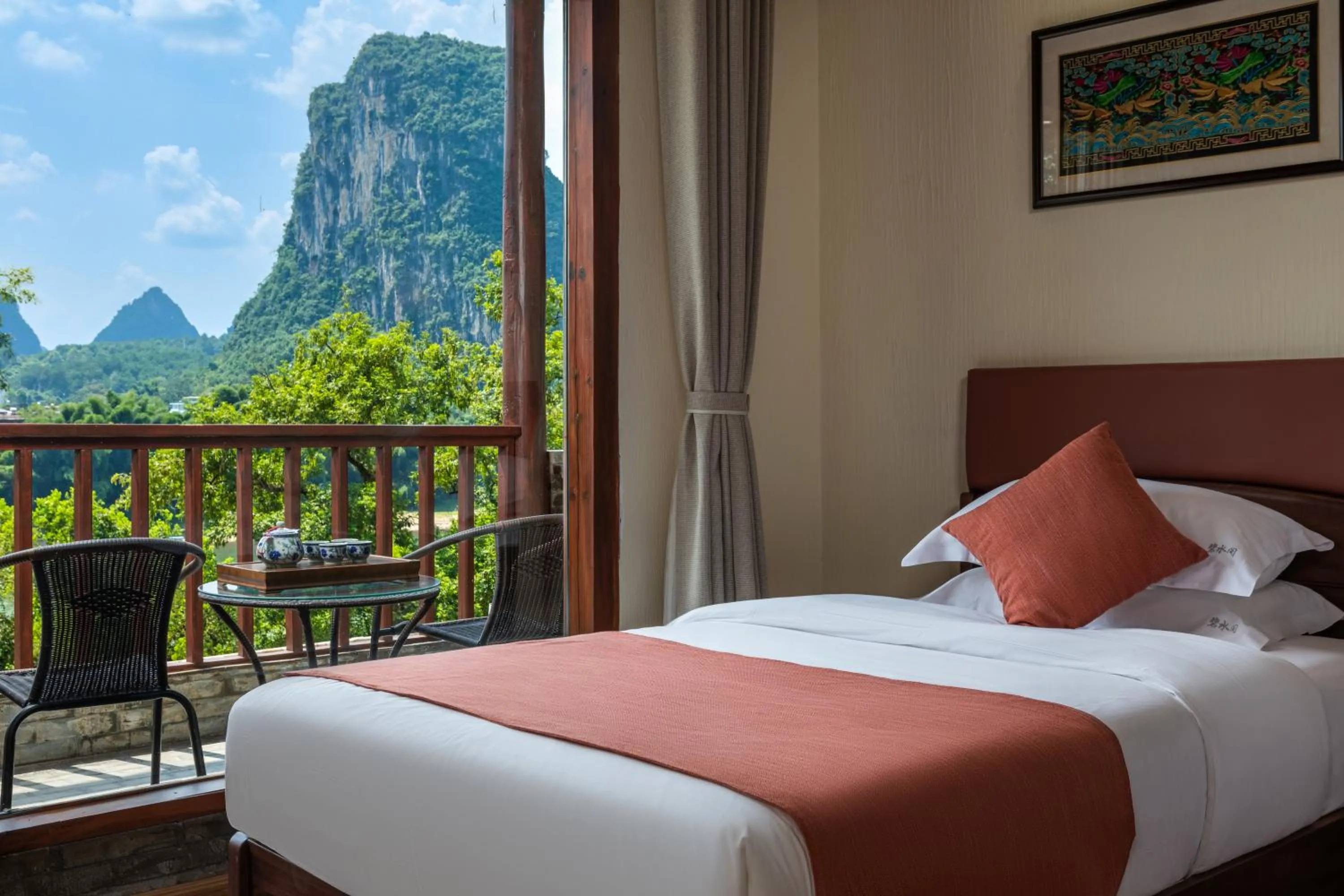 Balcony/Terrace, Bed in Yangshuo River Lodge Hotel - Airport or TS Free pick up over 3 nights