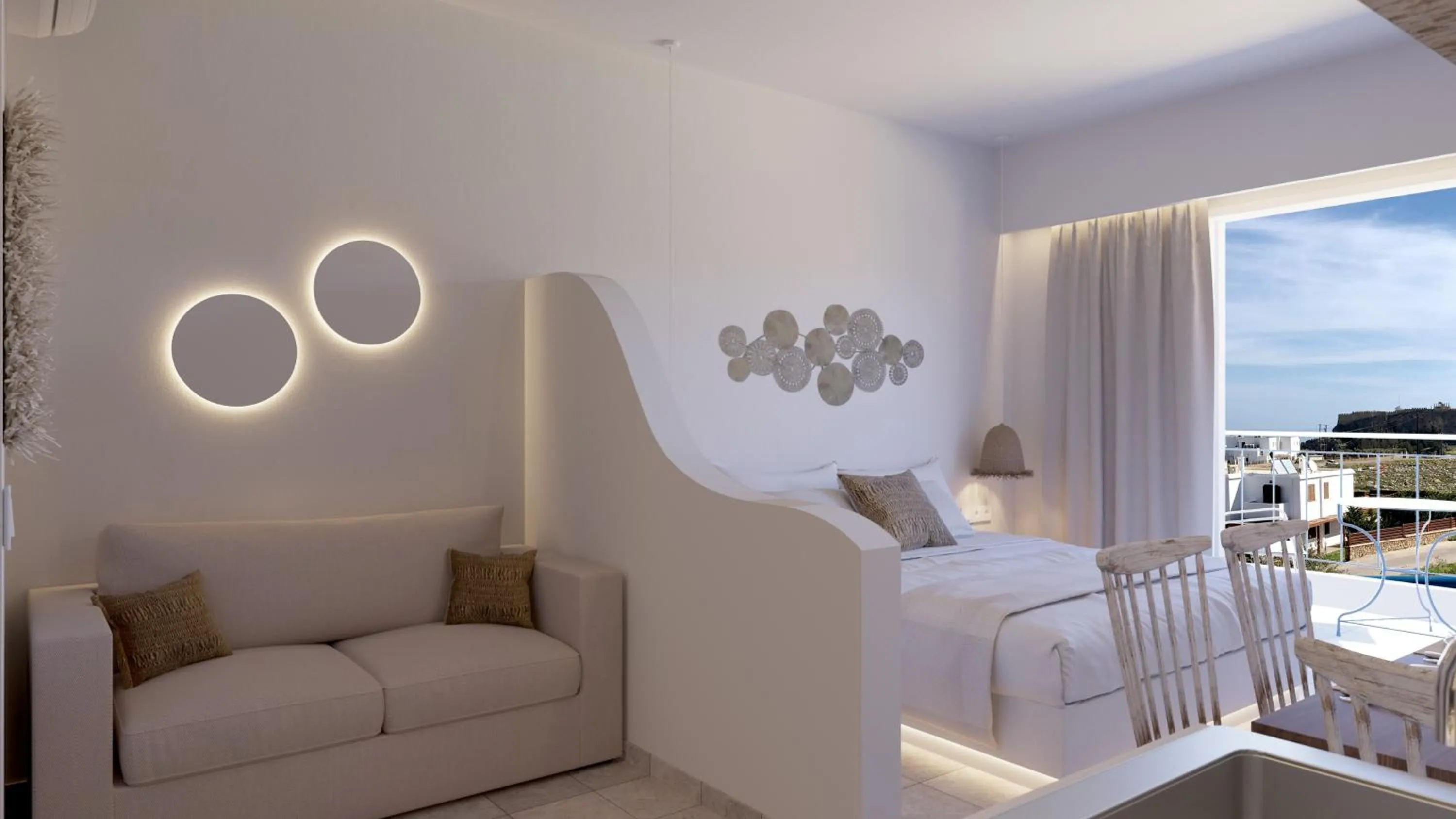 Bed in 'Lindian Myth' Sea View Studios