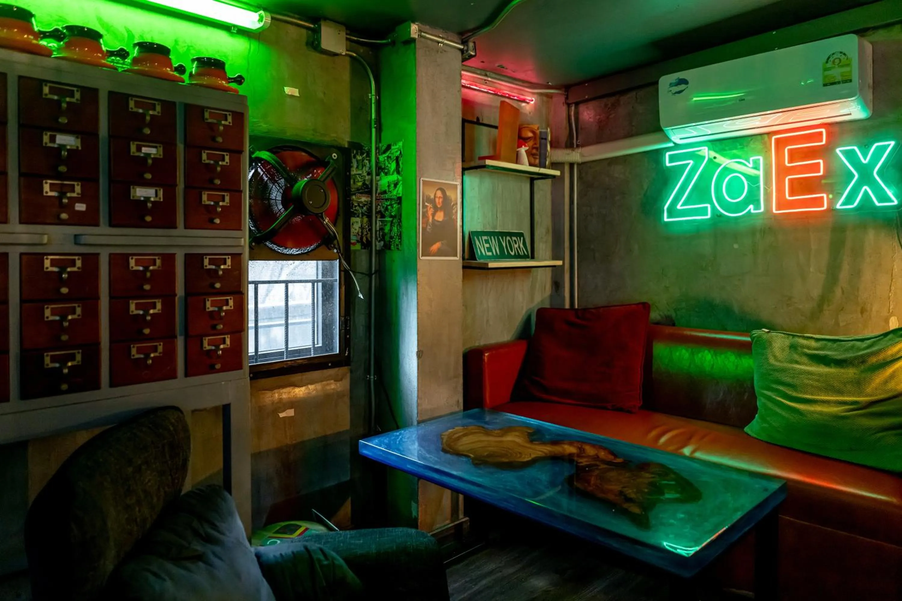 Seating area in Vibes Hostel Bangkok