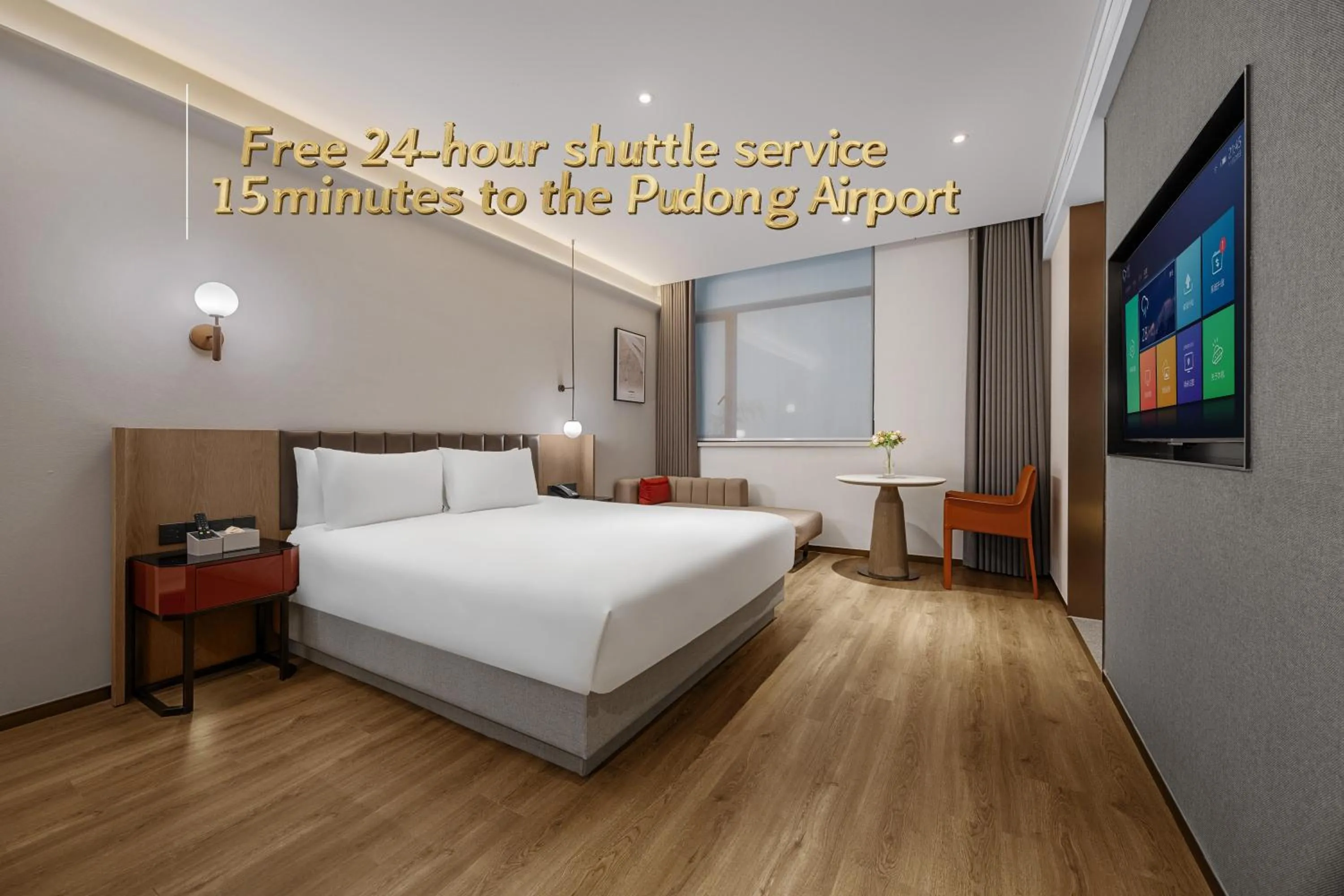 TV and multimedia, Bed in Ramadaencore By Wyndham Shanghai Pud ong Airport -Provide free 24hour shuttle bus service for airport pick-up and drop-off at Pud ong Airport