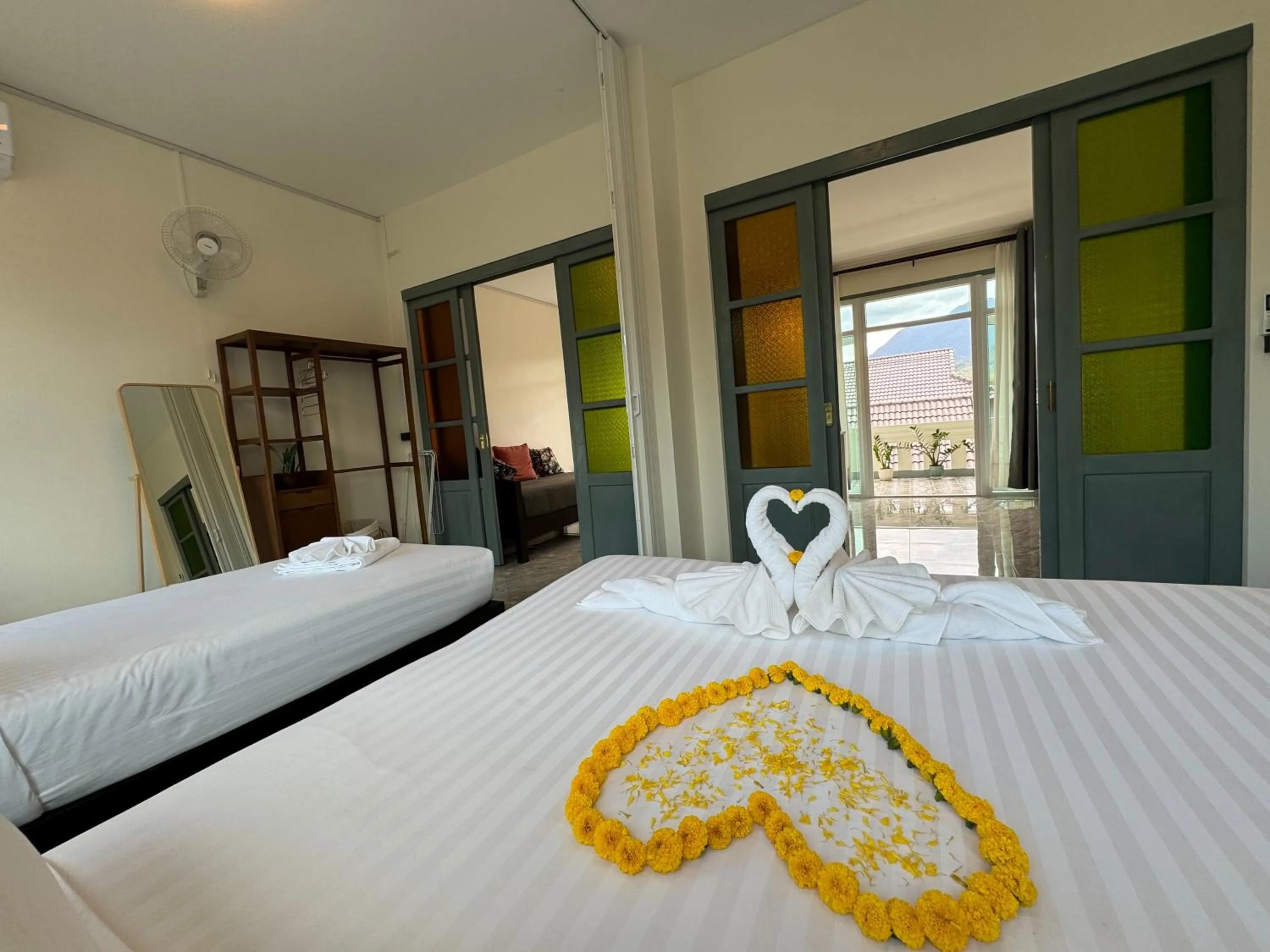 Bed in Garden House Rice Field and Mountain View