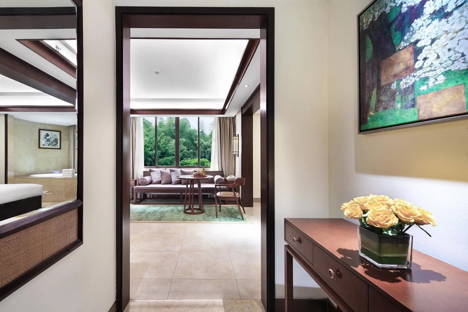 Seating area, Bed in Yangshuo Riverside Resorts Hotel