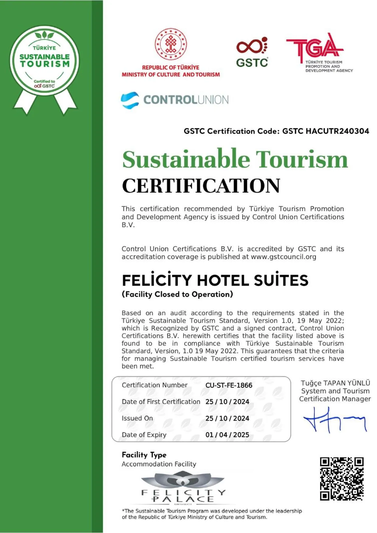 Certificate/Award in Felicity Palace Sirkeci