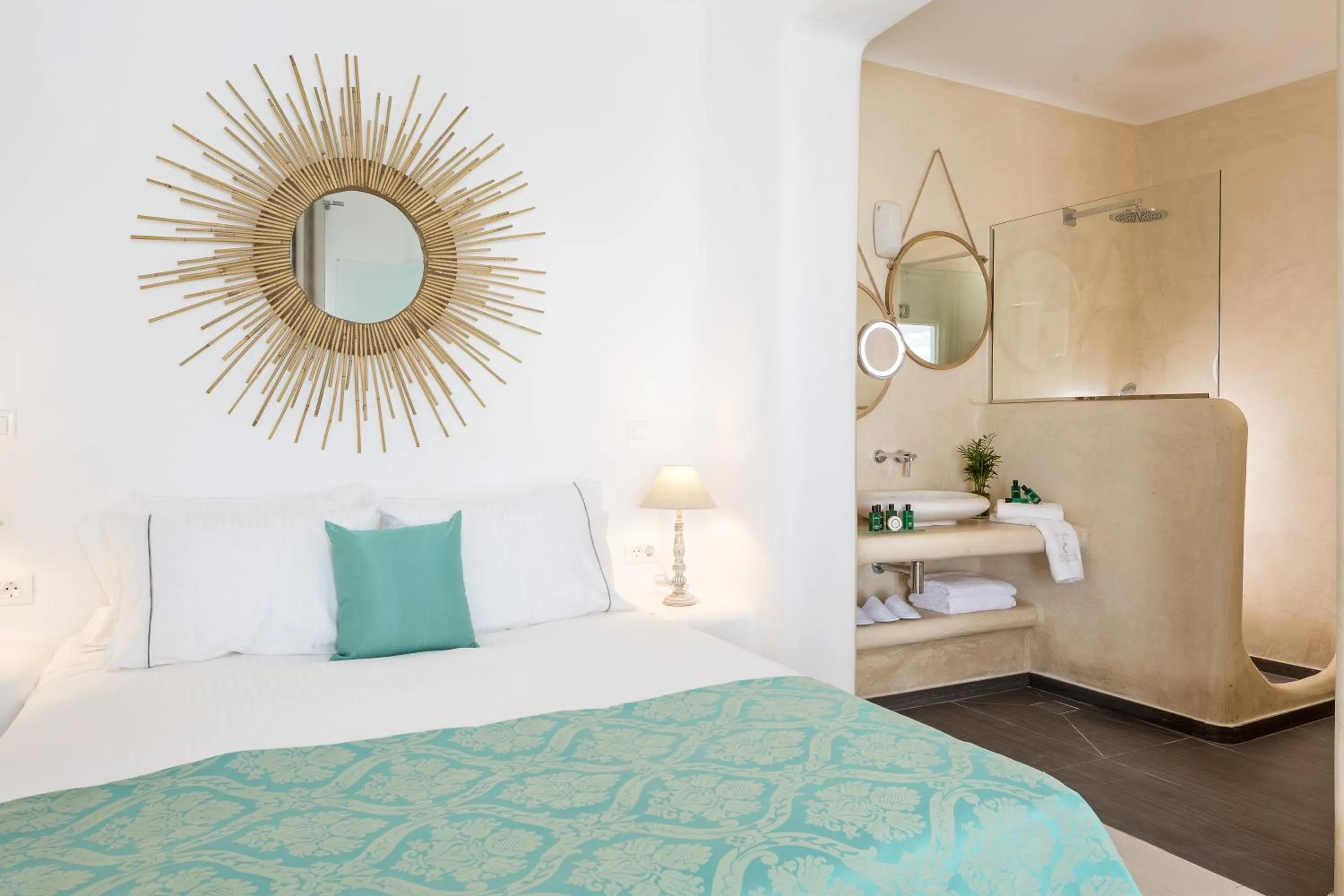 Shower, Bed in Colours of Mykonos Luxury Residences & Suites