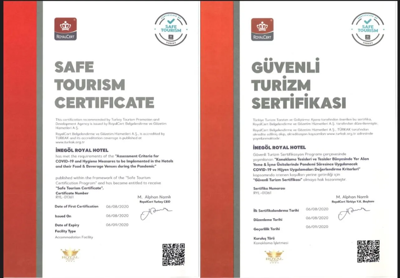 Logo/Certificate/Sign in Royal Hotel Inegol
