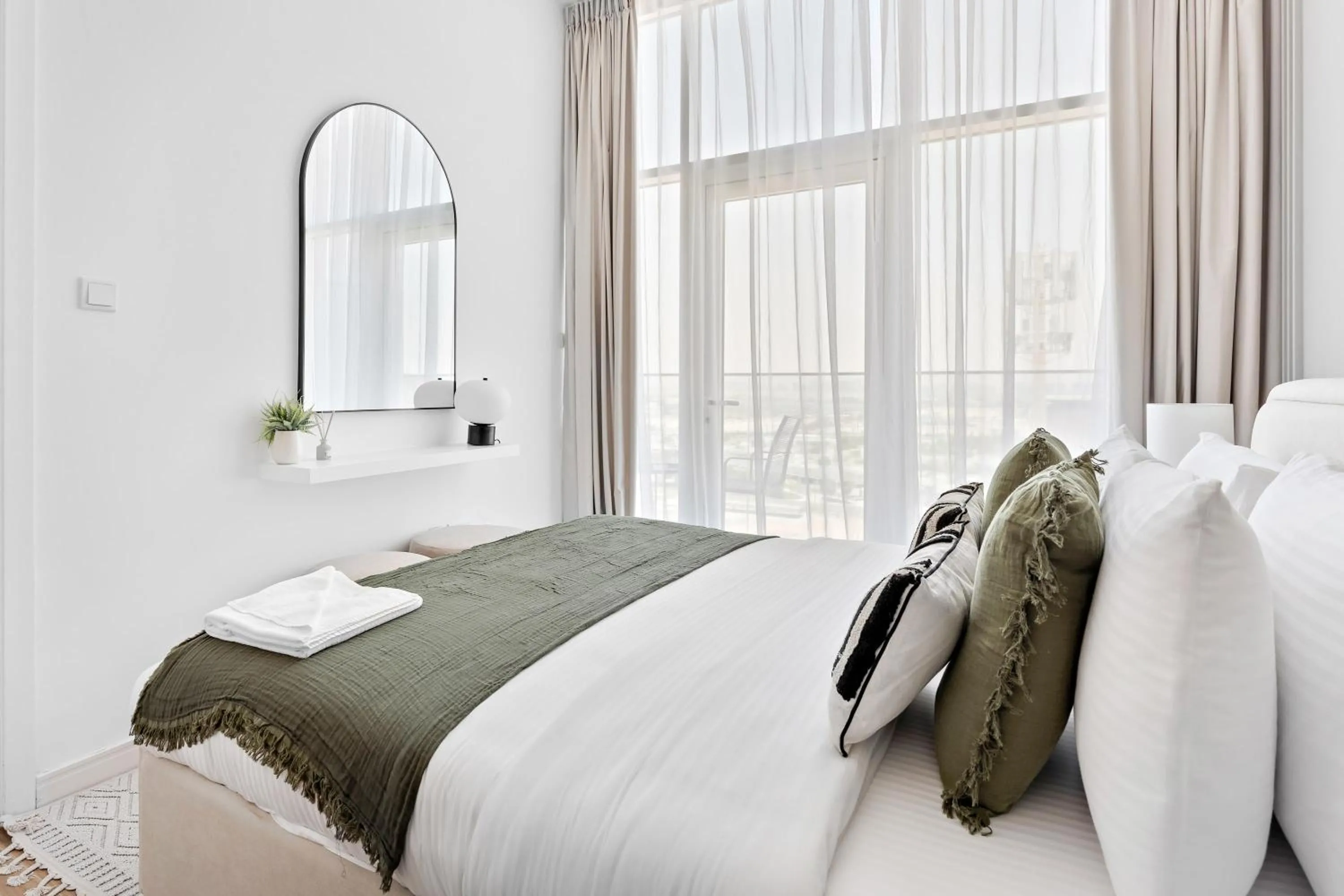 Bedroom, Bed in Silkhaus Vacation Homes Modern 1BDR in Oasis Near Masdar City Park