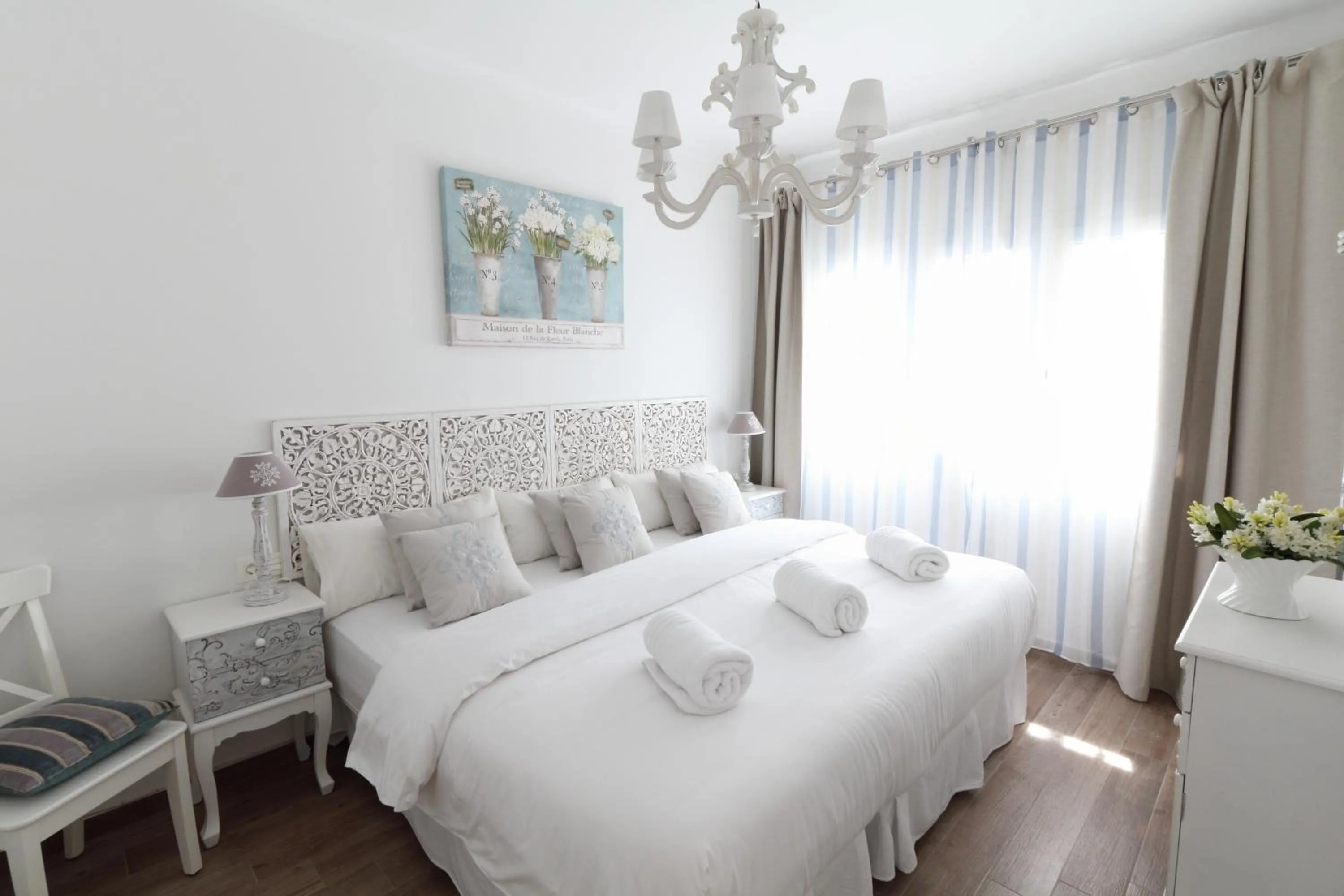 Bed in Sitges Centre Mediterranean House- 5 Bedroom, 4 Bathroom, Terrace Courtyard, Private Rooptop Pool