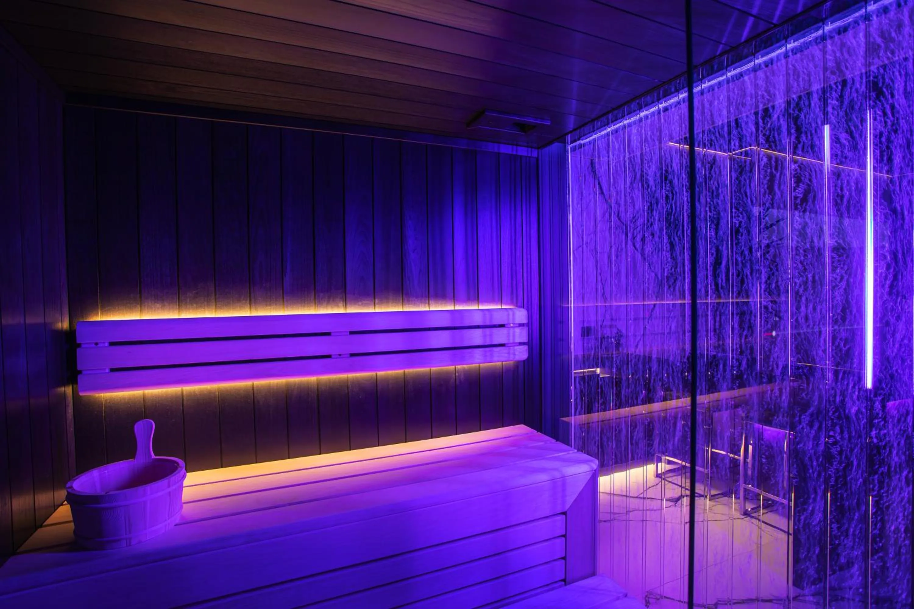 Sauna, Bed in Apartamenty Sky Tower z Jakuzzi Przy Oknie