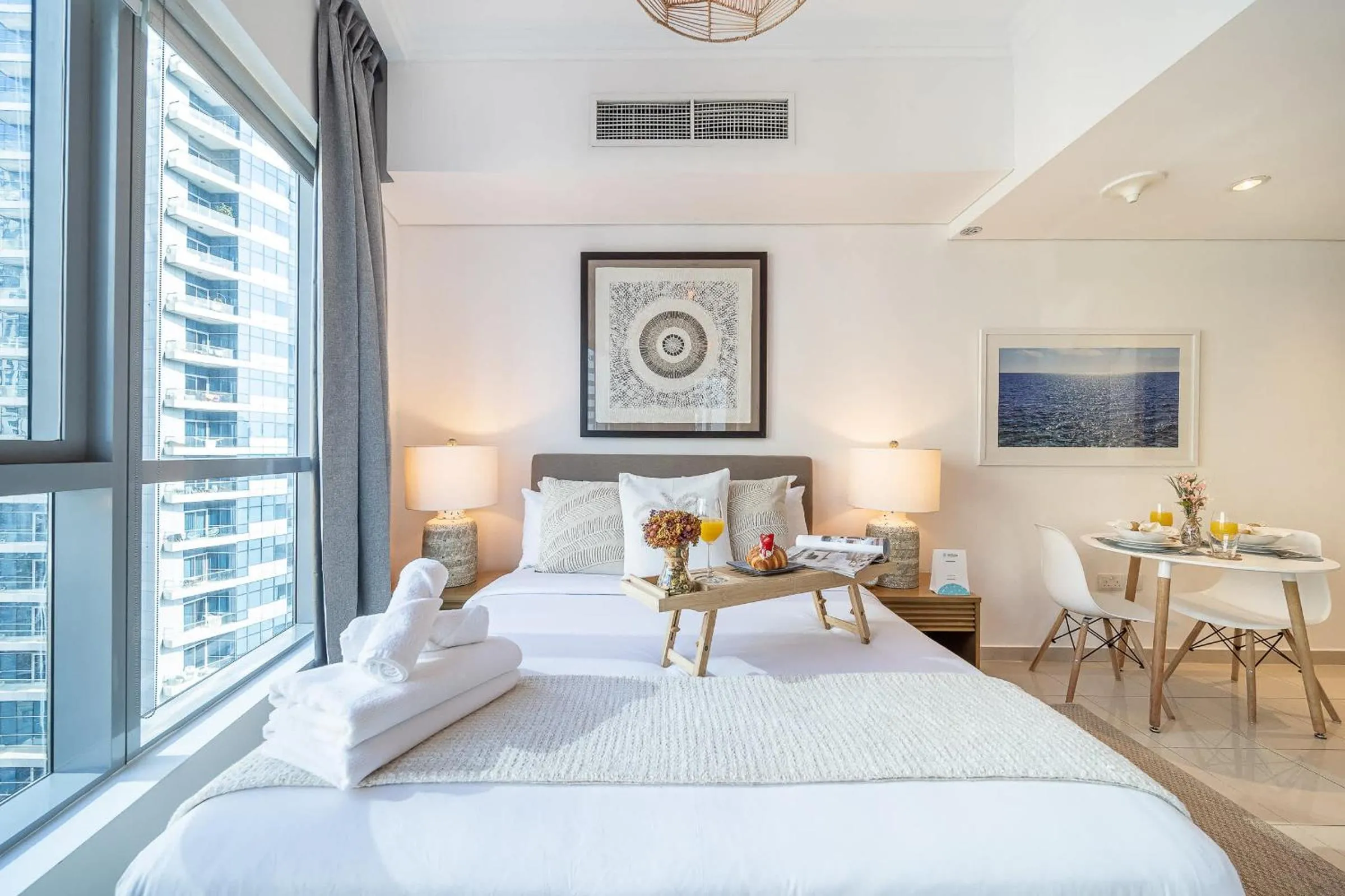 Bed in Airstay - Chic Studio - Marina View - Dubai Marina - Monthly Offer Available