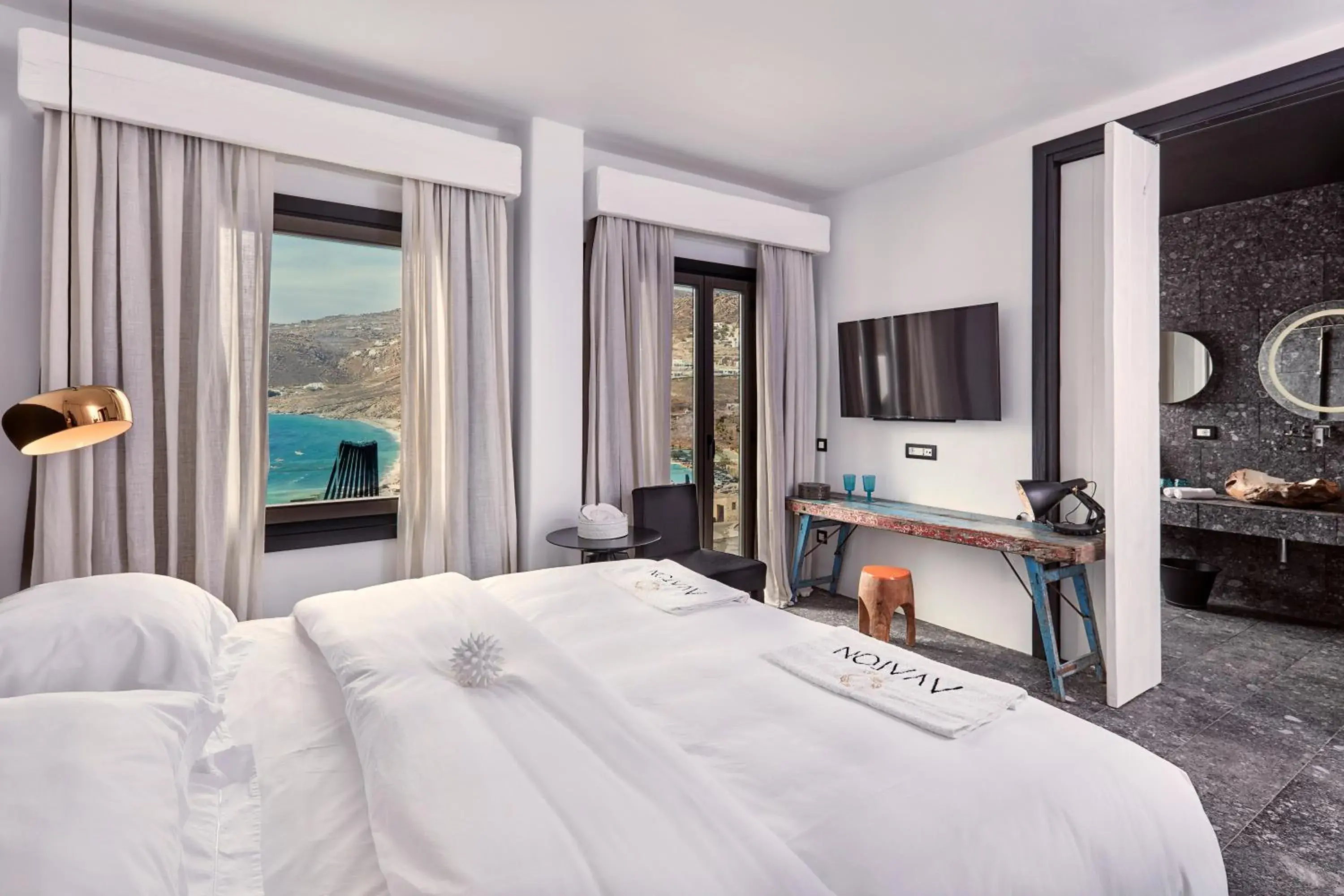 Bed in Myconian Avaton, a Member of Design Hotels Bed in Myconian Avaton, a Member of Design Hotels