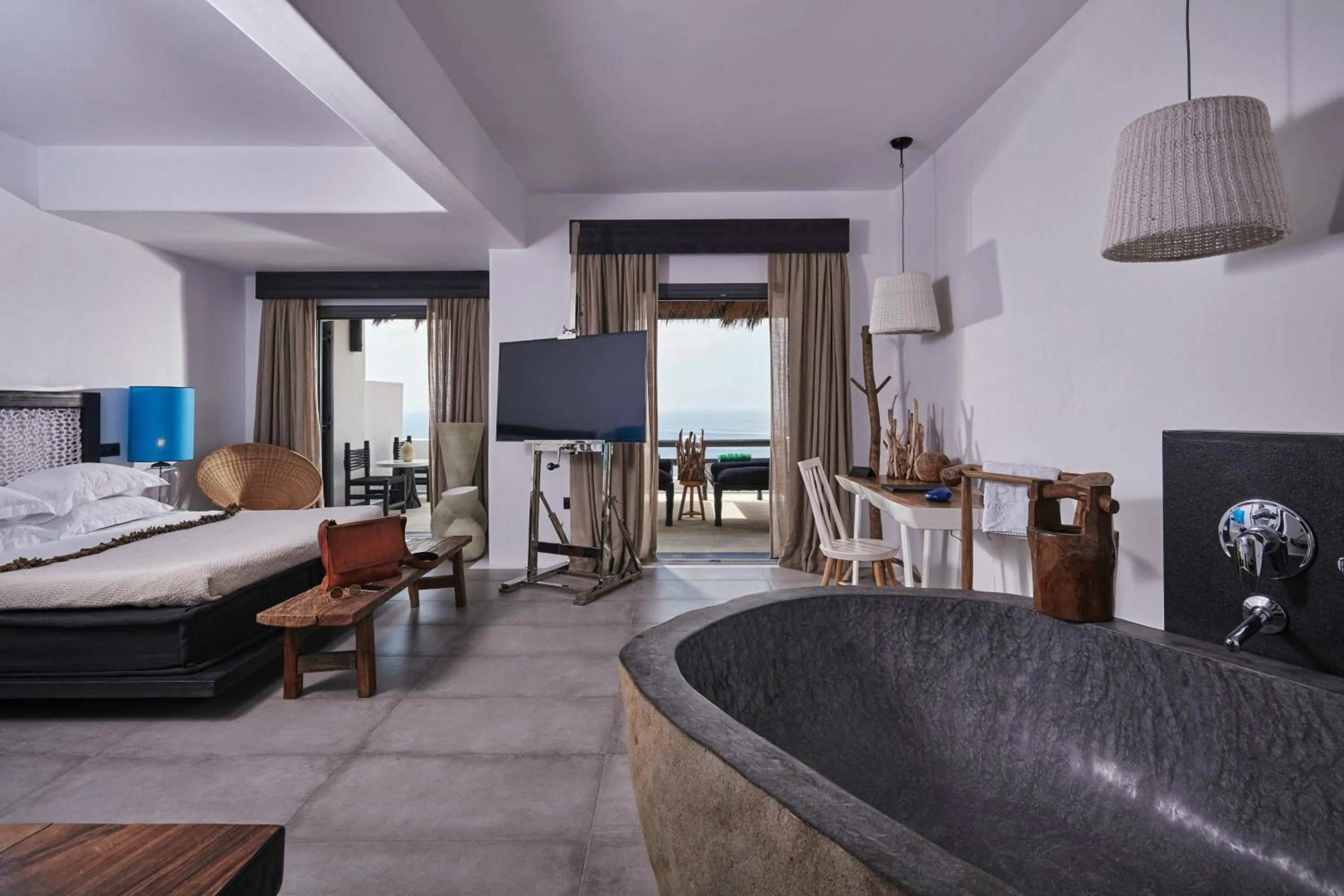 Living room, Bed in Myconian Utopia Relais & Chateaux