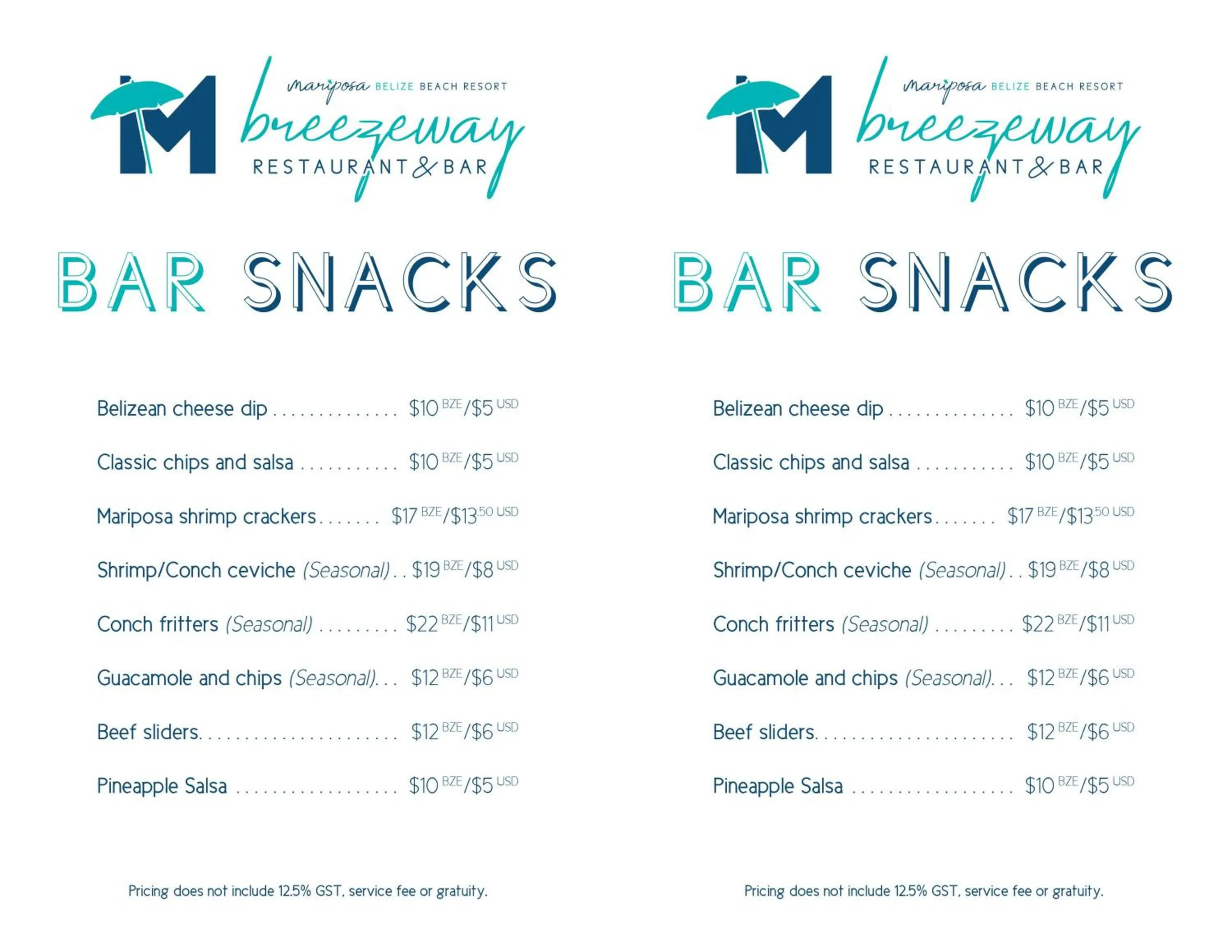 Food and drinks in Mariposa Belize Beach Resort