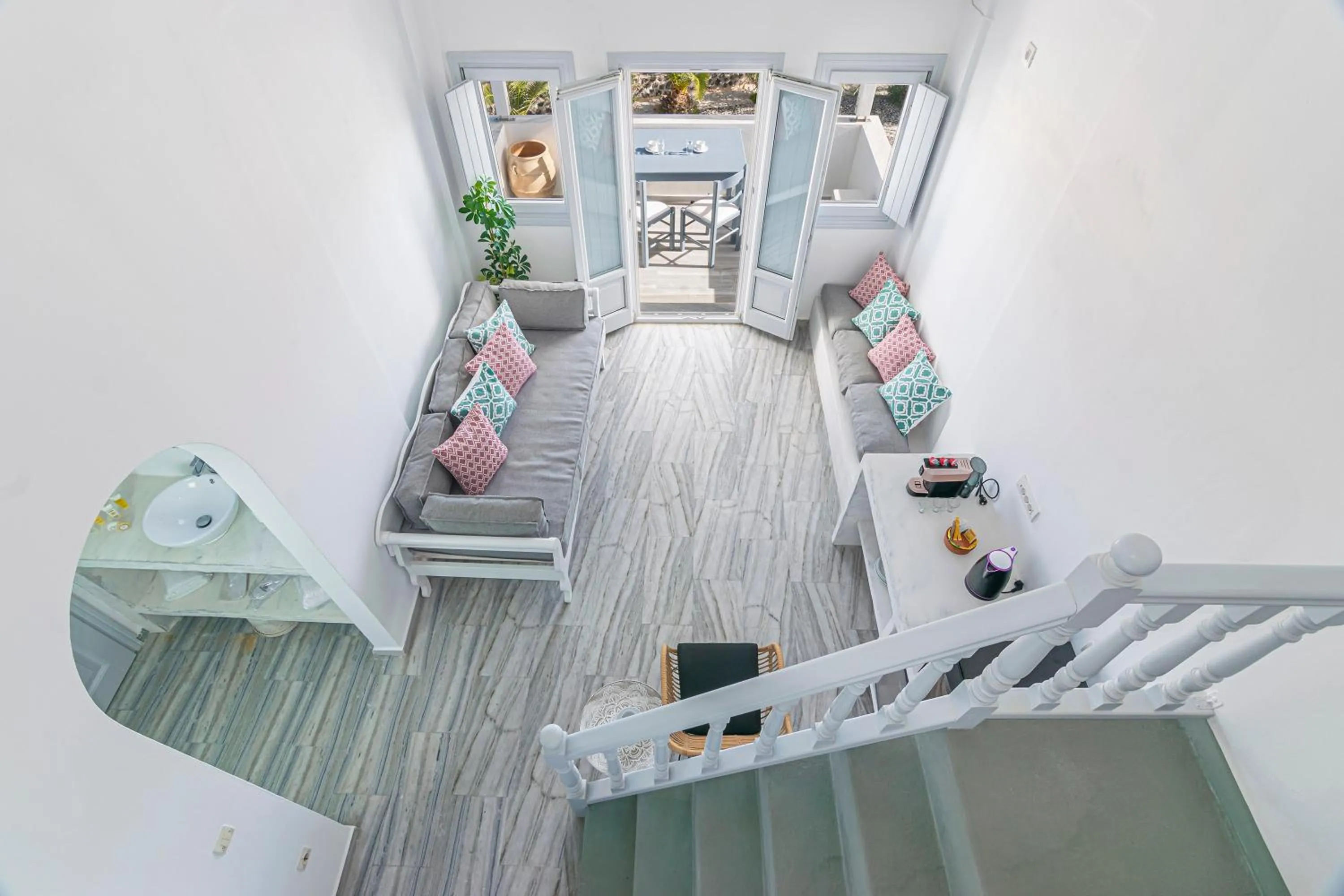 Seating area in Phaos Santorini Suites