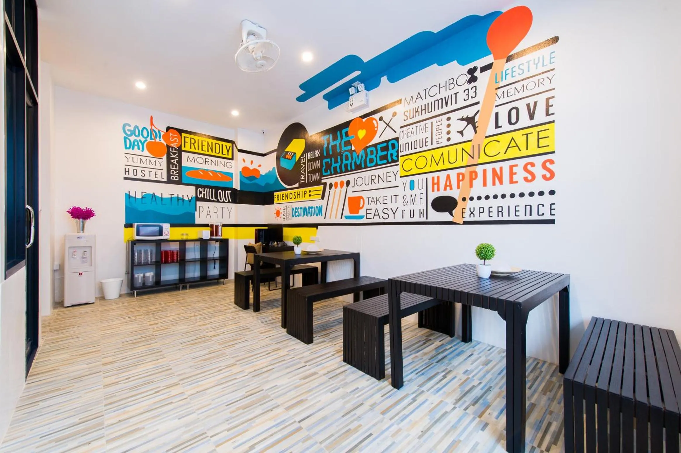 Seating area in Matchbox Bangkok Hostel