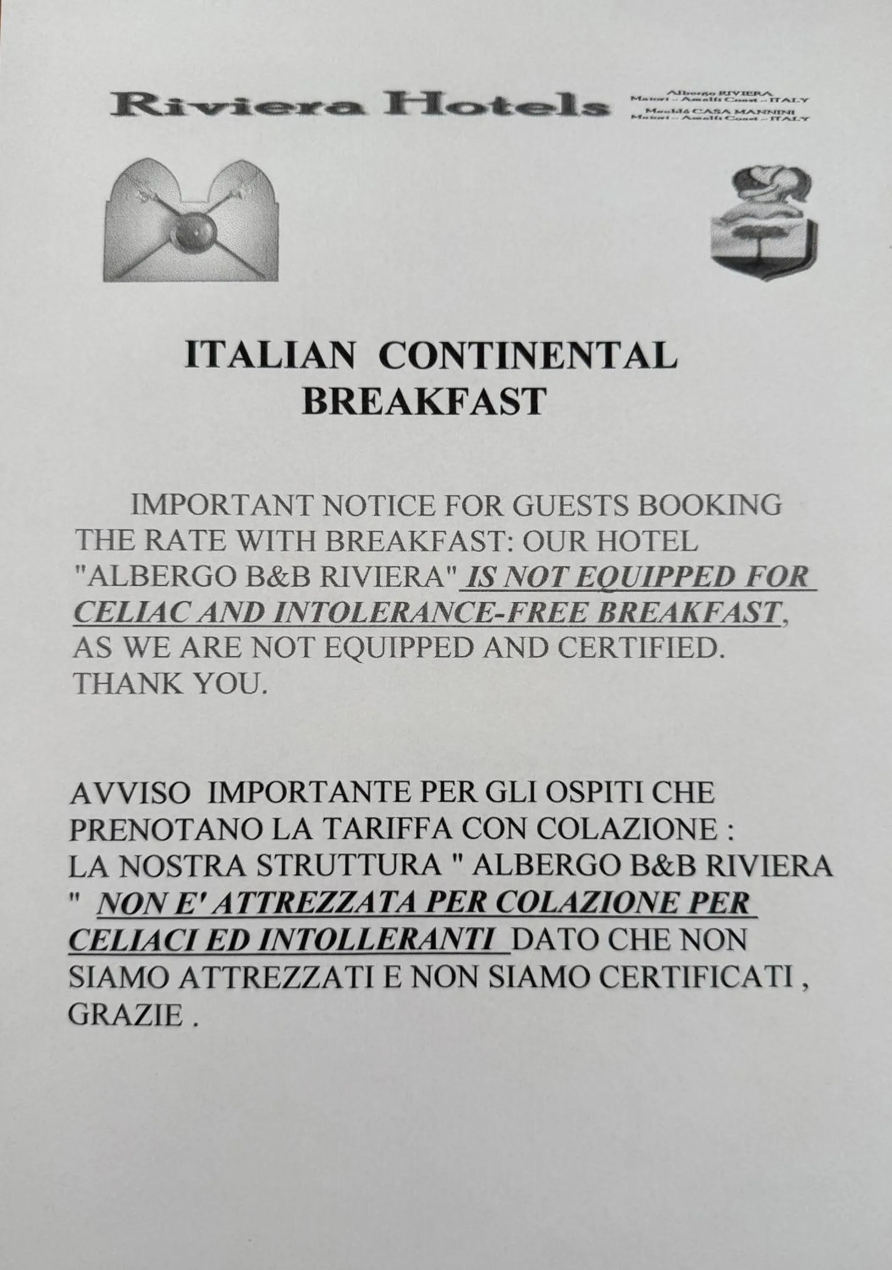 Breakfast in Riviera B&B Rooms