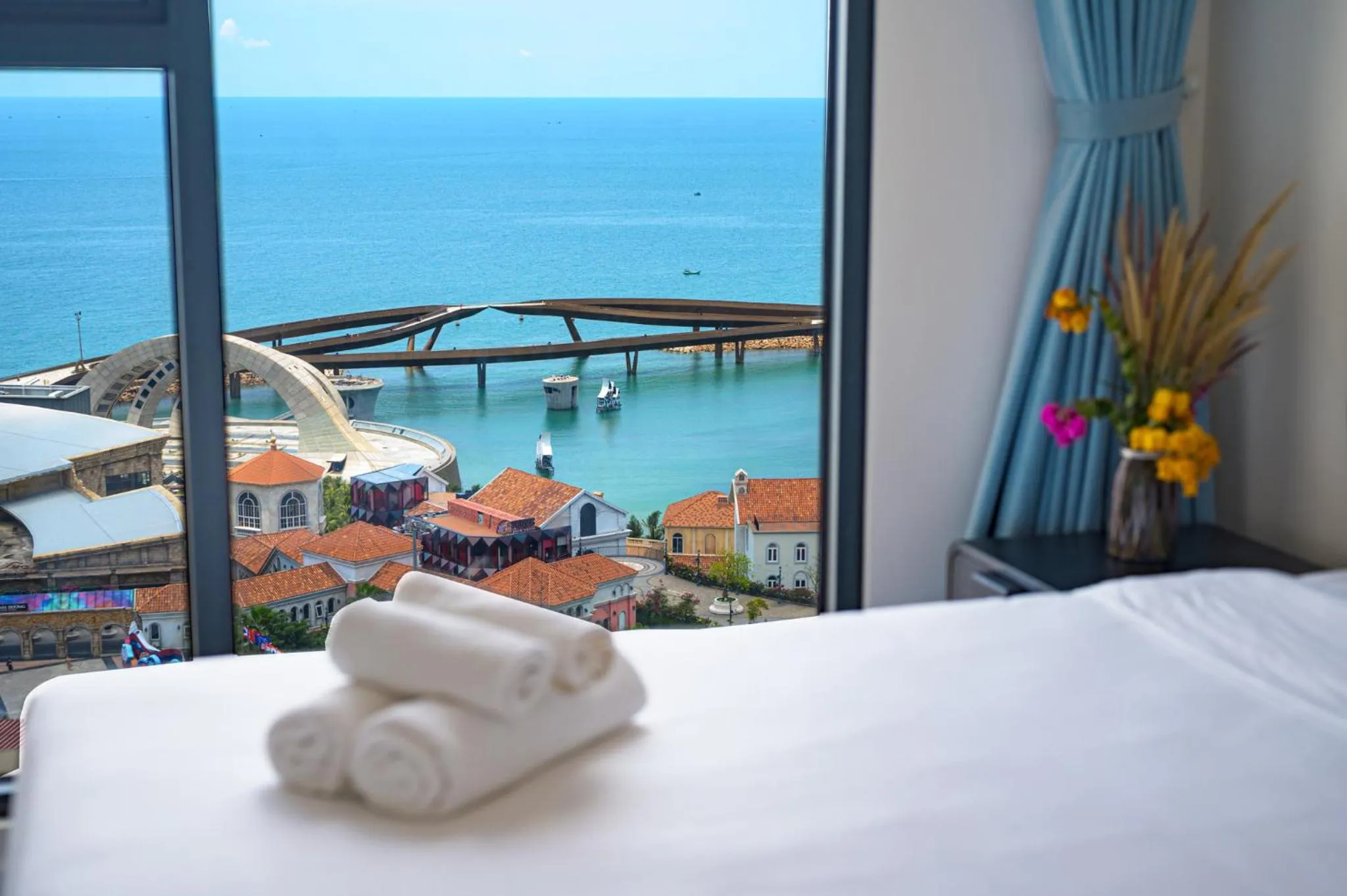 View (from property/room), Bed in La isla Apartments & Villas - Sea View & Fireworks Phu Quoc