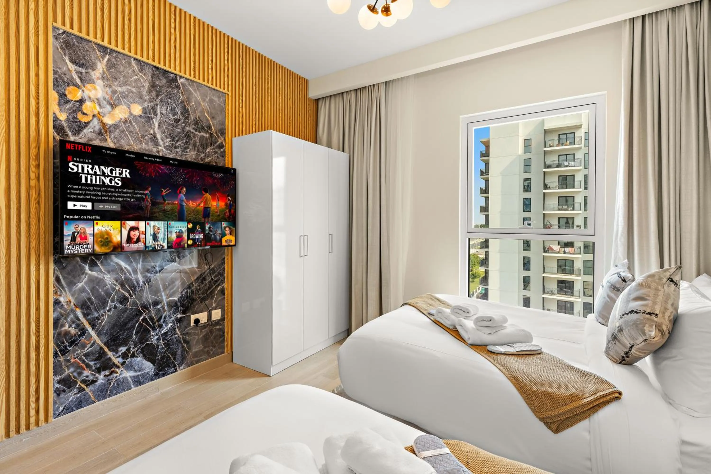 Bedroom, Bed in Desert Key - Perfectly Located Yas Island Premier Apts