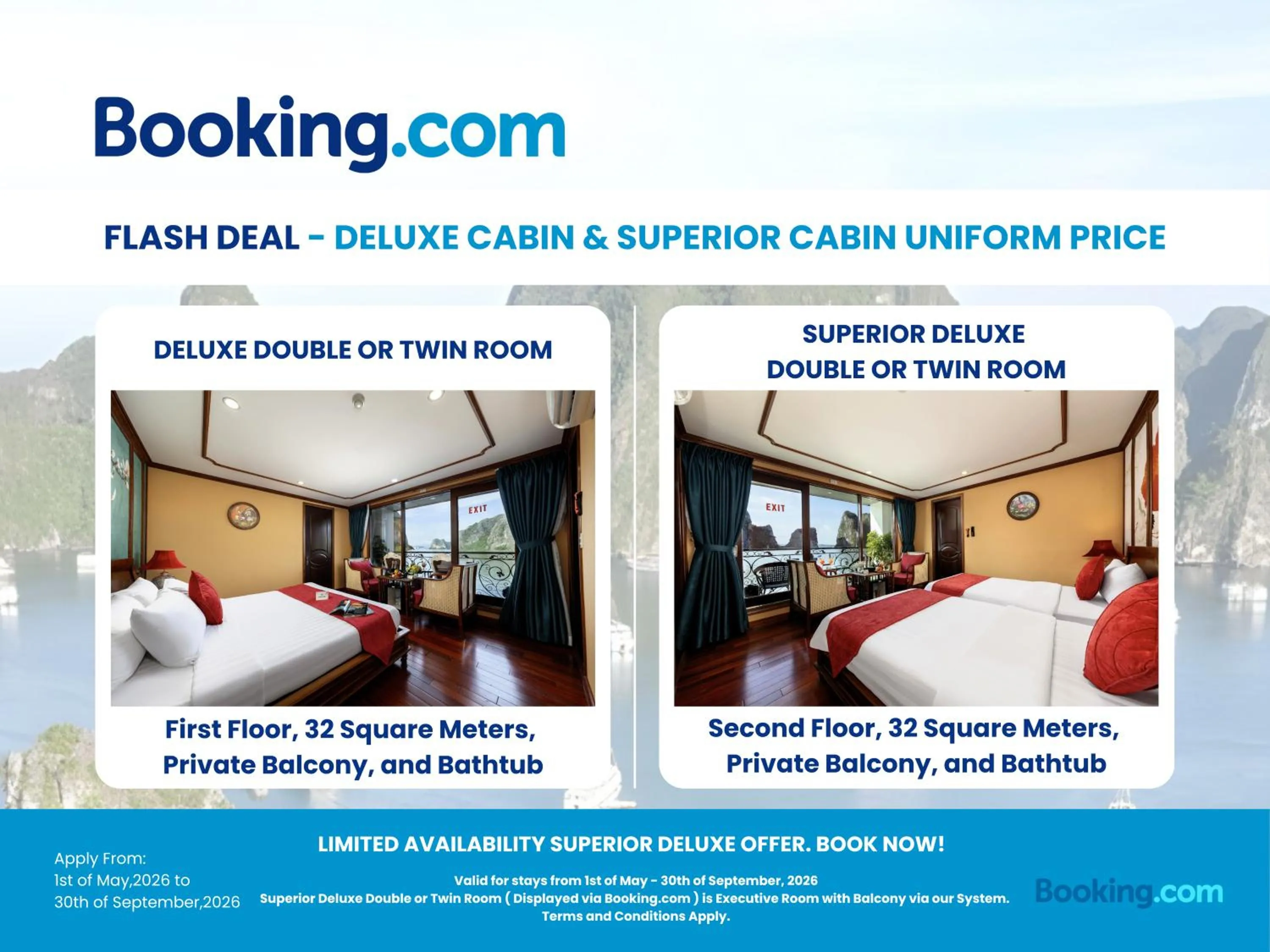 Text overlay, Bed in Verdure Lotus Grandeur Cruise on Ha Long Bay