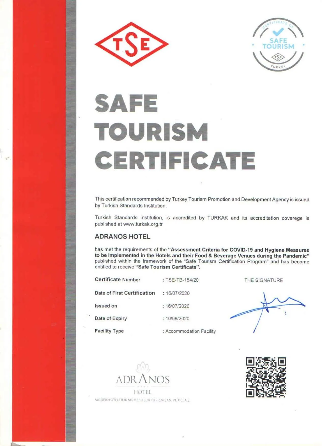 Certificate/Award in Adranos Hotel