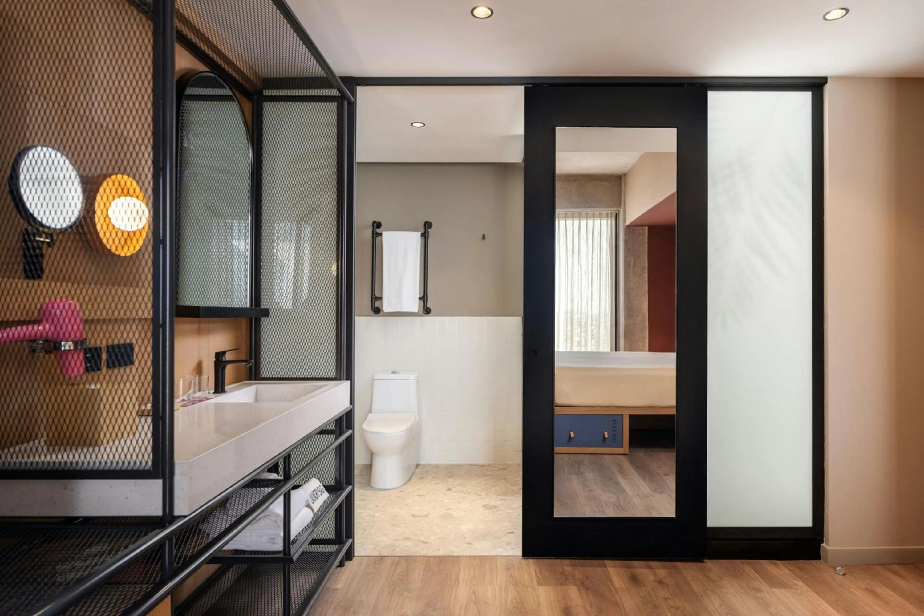 Bathroom, Bed in Moxy Tulum