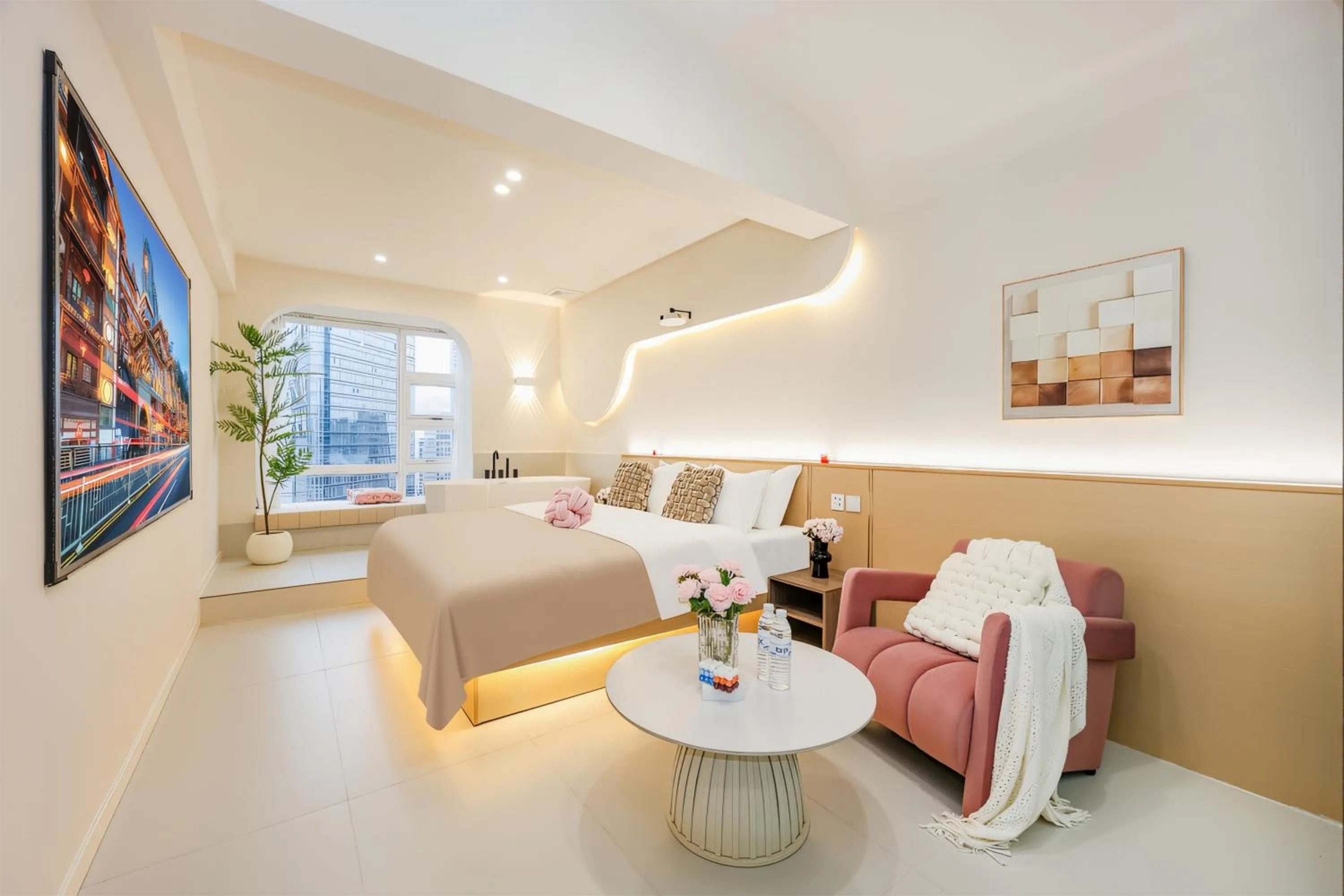Bed in Baihong Sky View Studio with Deep Soak Tub - Jiefangbei Center