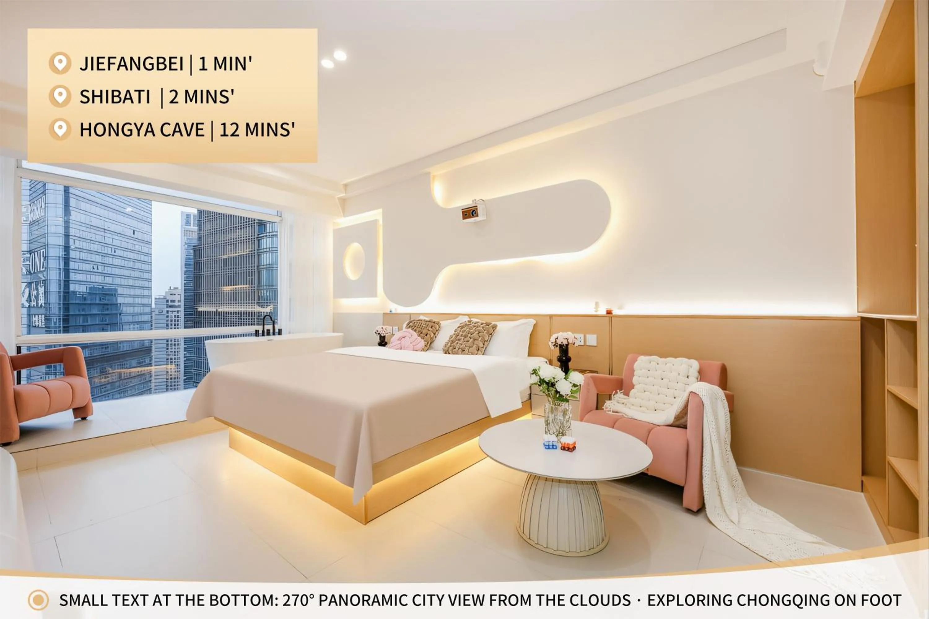 Bed in Baihong Sky View Studio with Deep Soak Tub - Jiefangbei Center