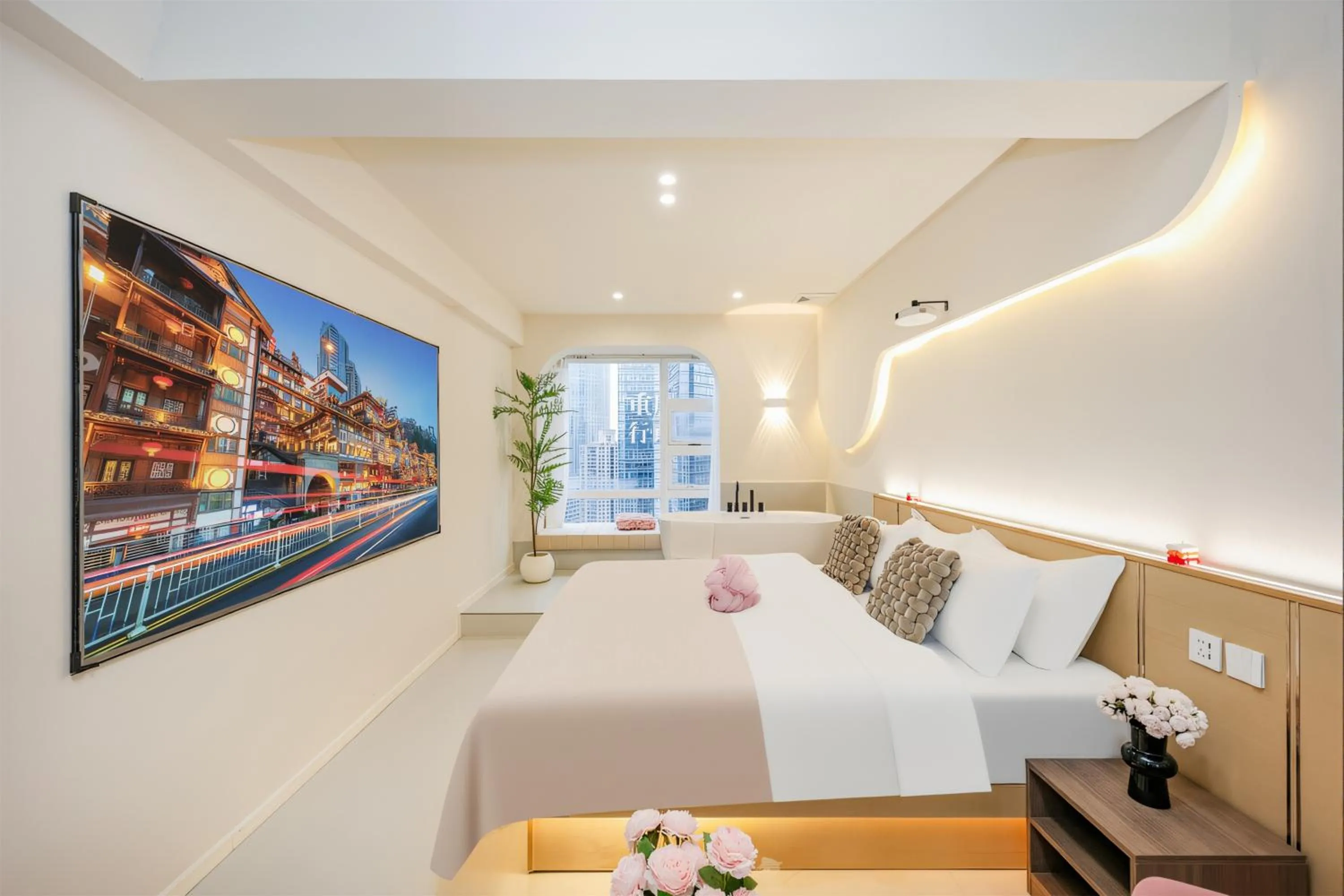 Bed in Baihong Sky View Studio with Deep Soak Tub - Jiefangbei Center