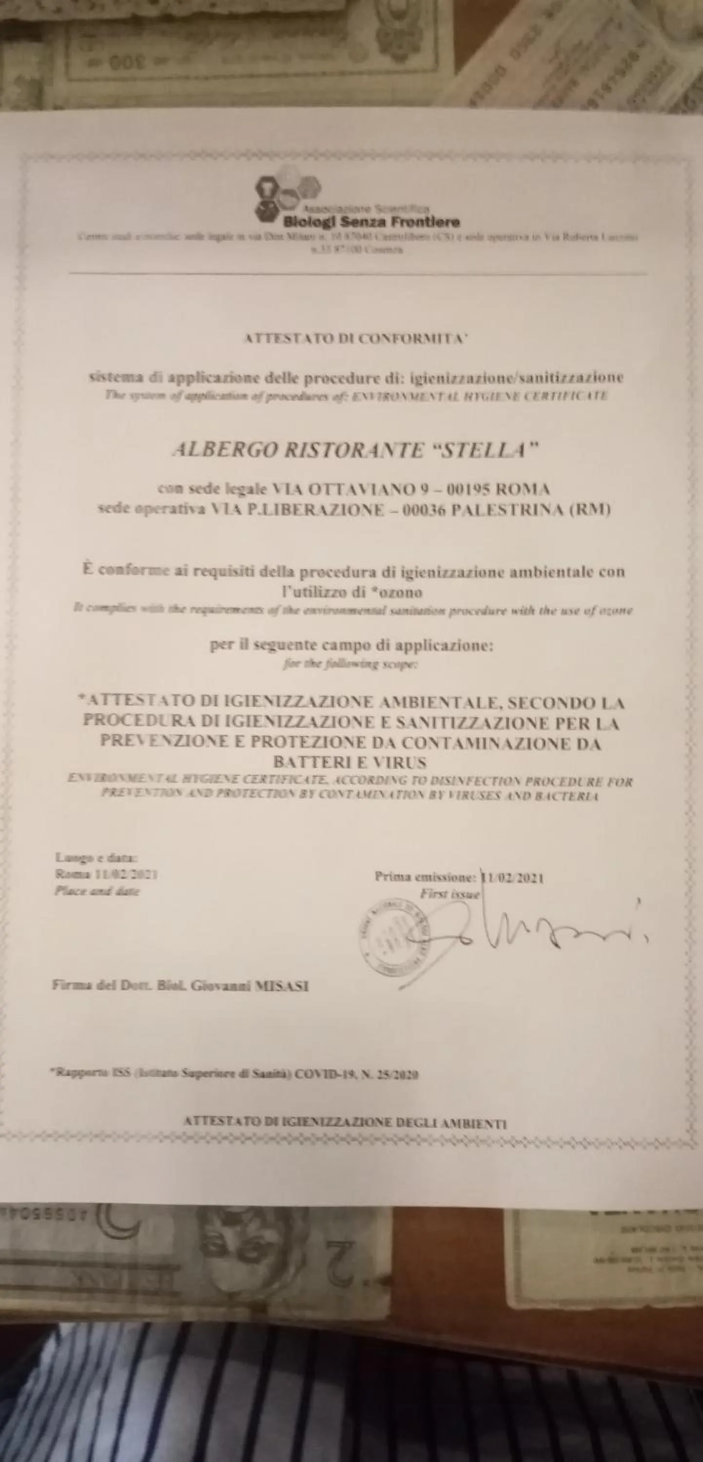 Certificate/Award in Hotel Ristorante Stella