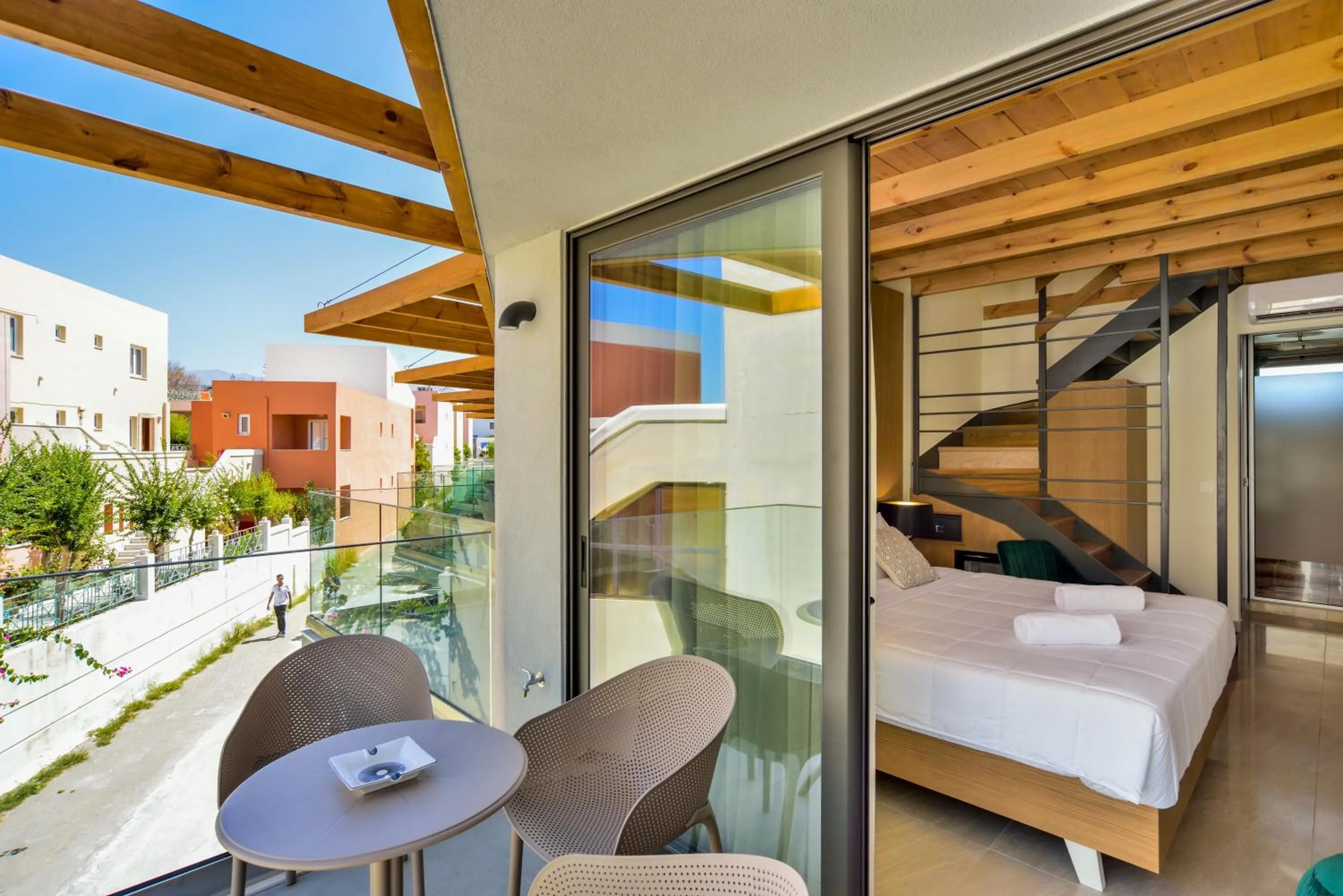 Balcony/Terrace, Bed in Elia Agia Marina Hotel