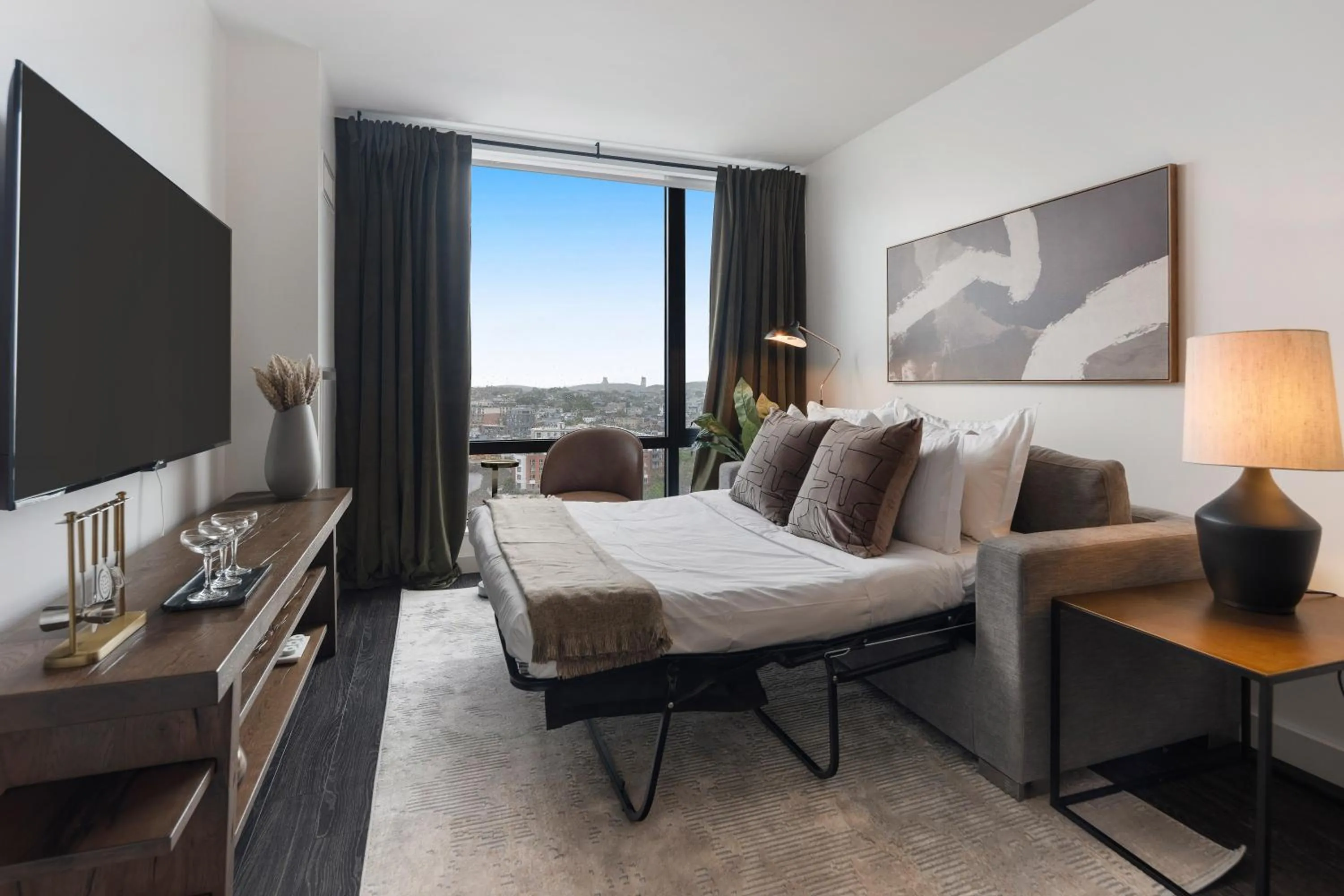 Living room, Bed in Luxury Apartments by Hyatus Downtown Boston