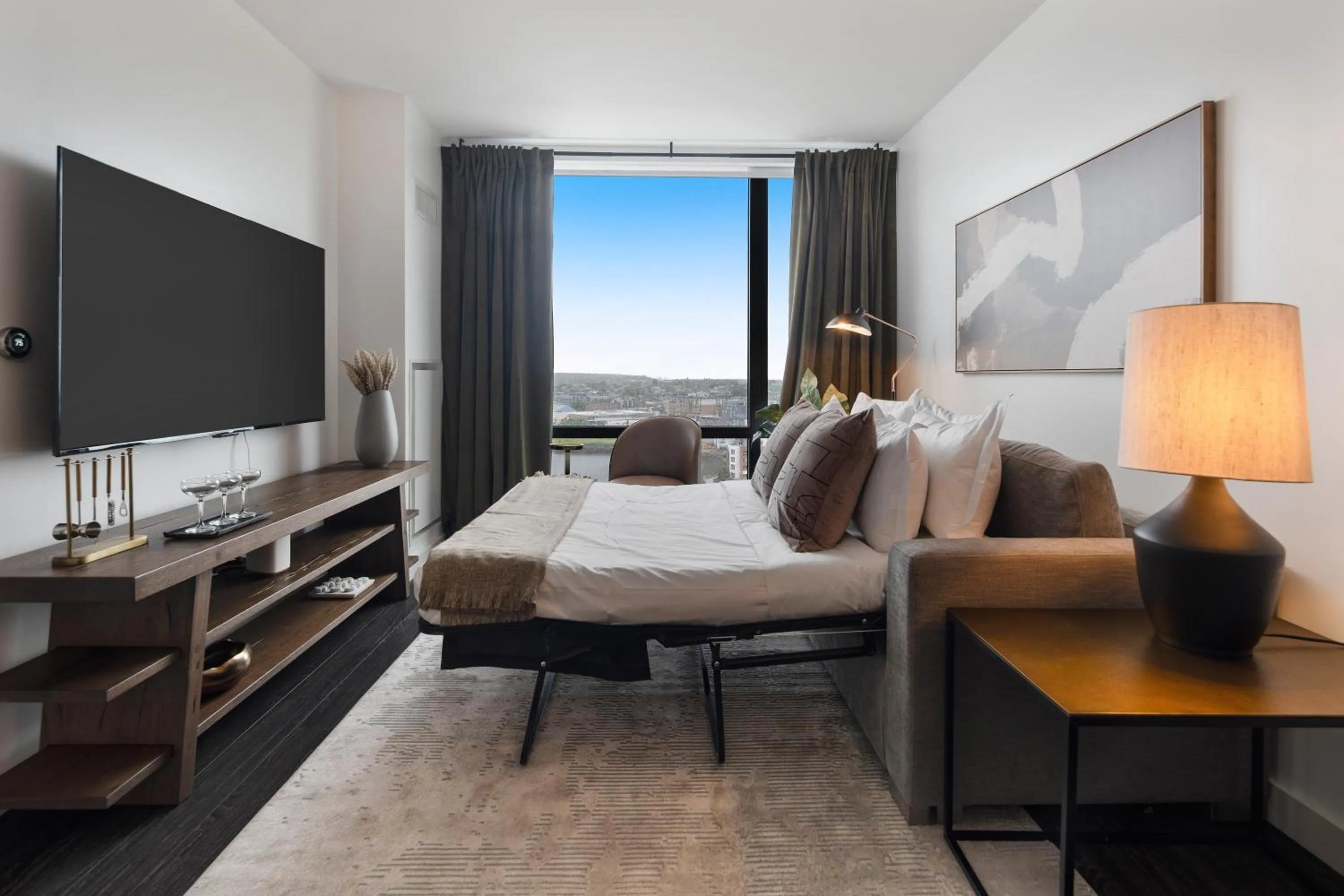 Living room, Bed in Luxury Apartments by Hyatus Downtown Boston