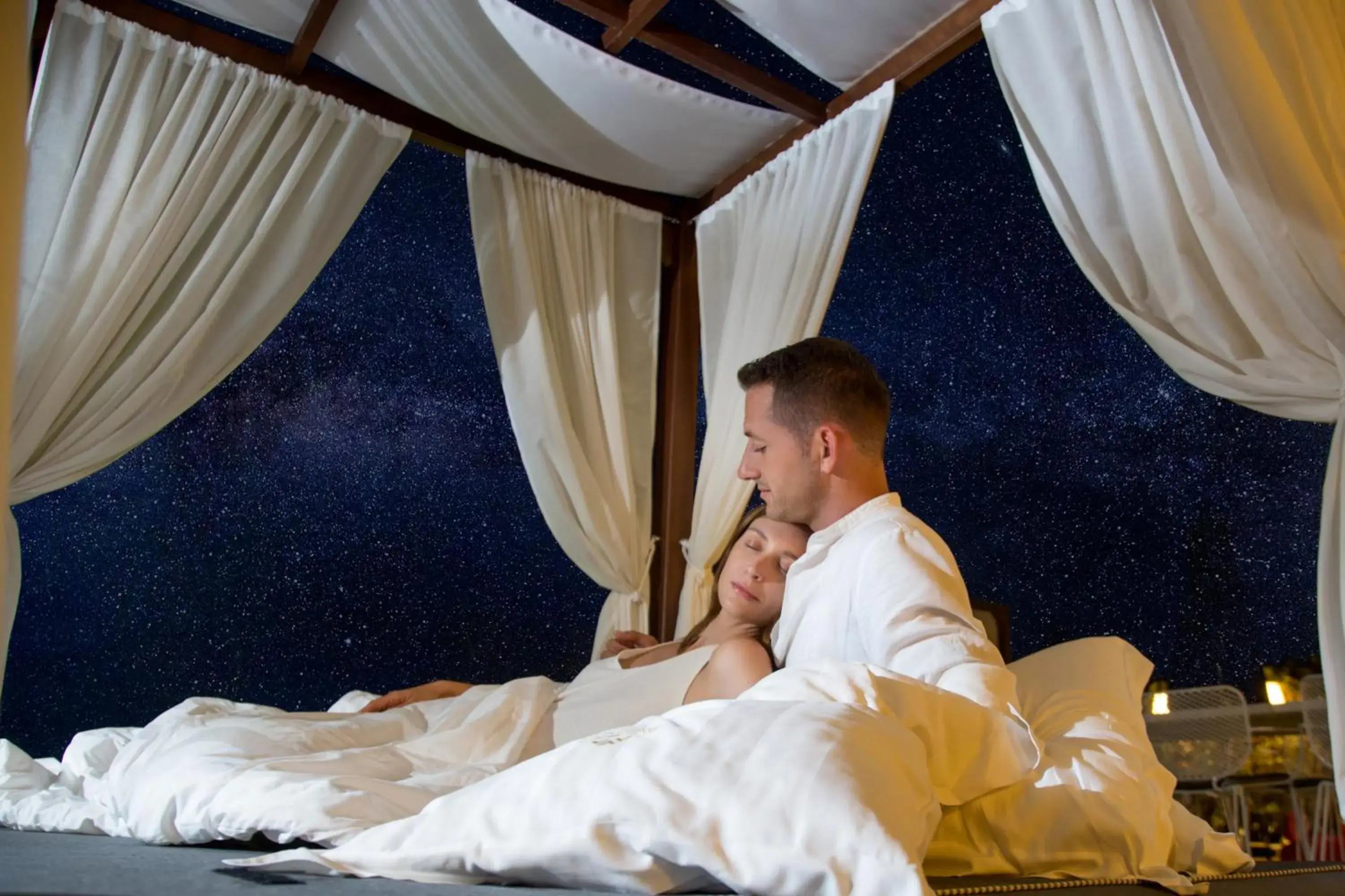 Night, Bed in Avaton Luxury Beach Resort - Relais & Chateaux Night, Bed in Avaton Luxury Beach Resort - Relais & Chateaux