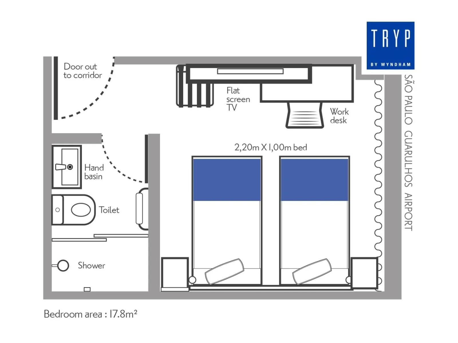 Floor plan in TRYP BY WYNDHAM São Paulo Airport - Hotel de Transito Terminal 3 -Lado Ar - Área restrita á passageiros já embarcados - Piso 1