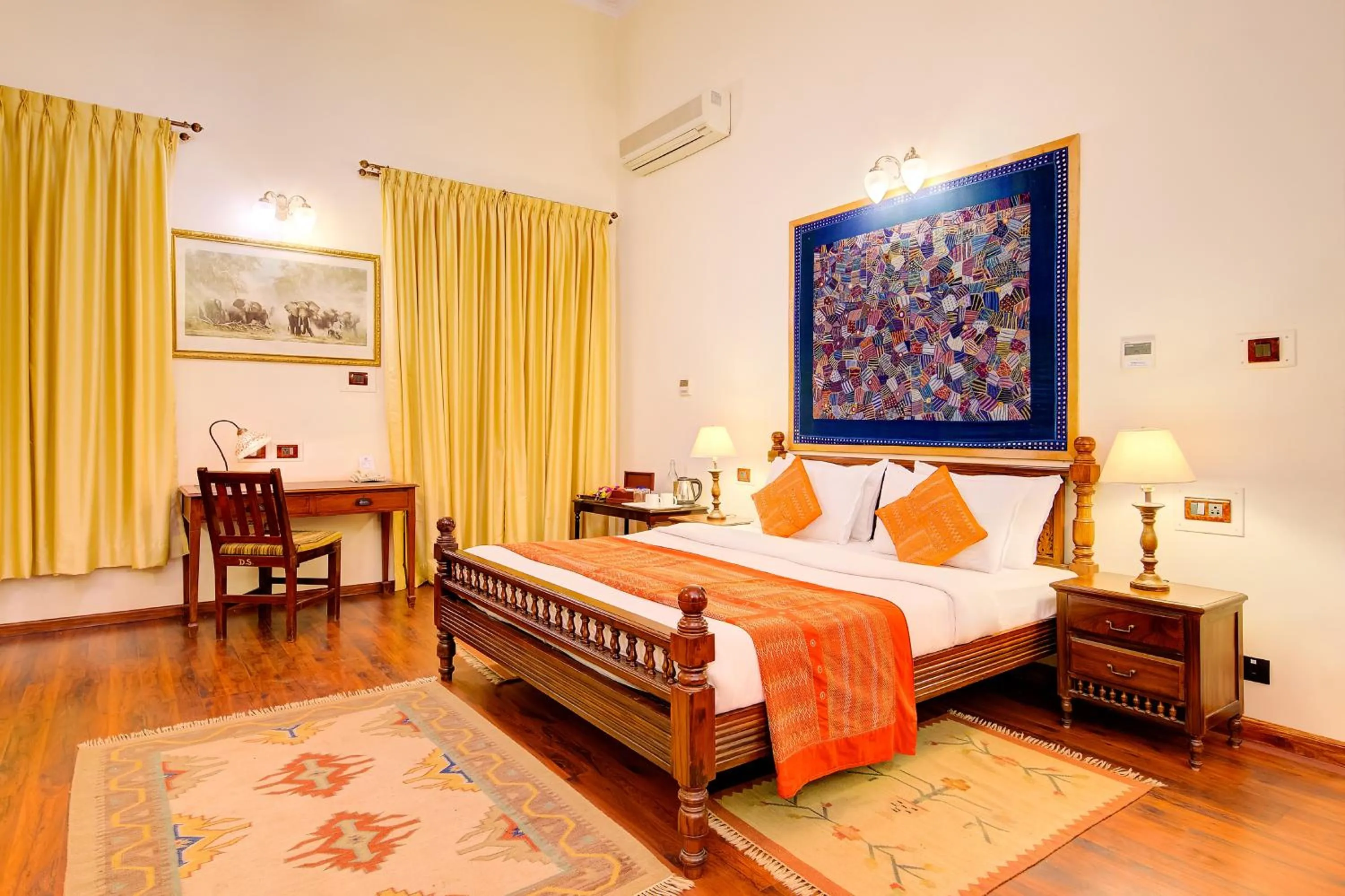 Bedroom, Bed in WelcomHeritage Shivavilas Palace, HAMPI