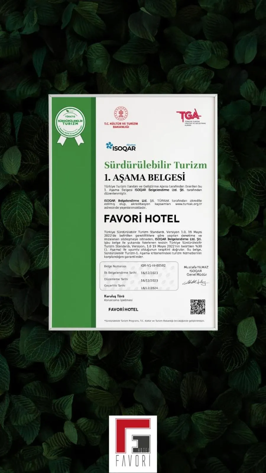 Certificate/Award in Hotel Favori Nisantasi
