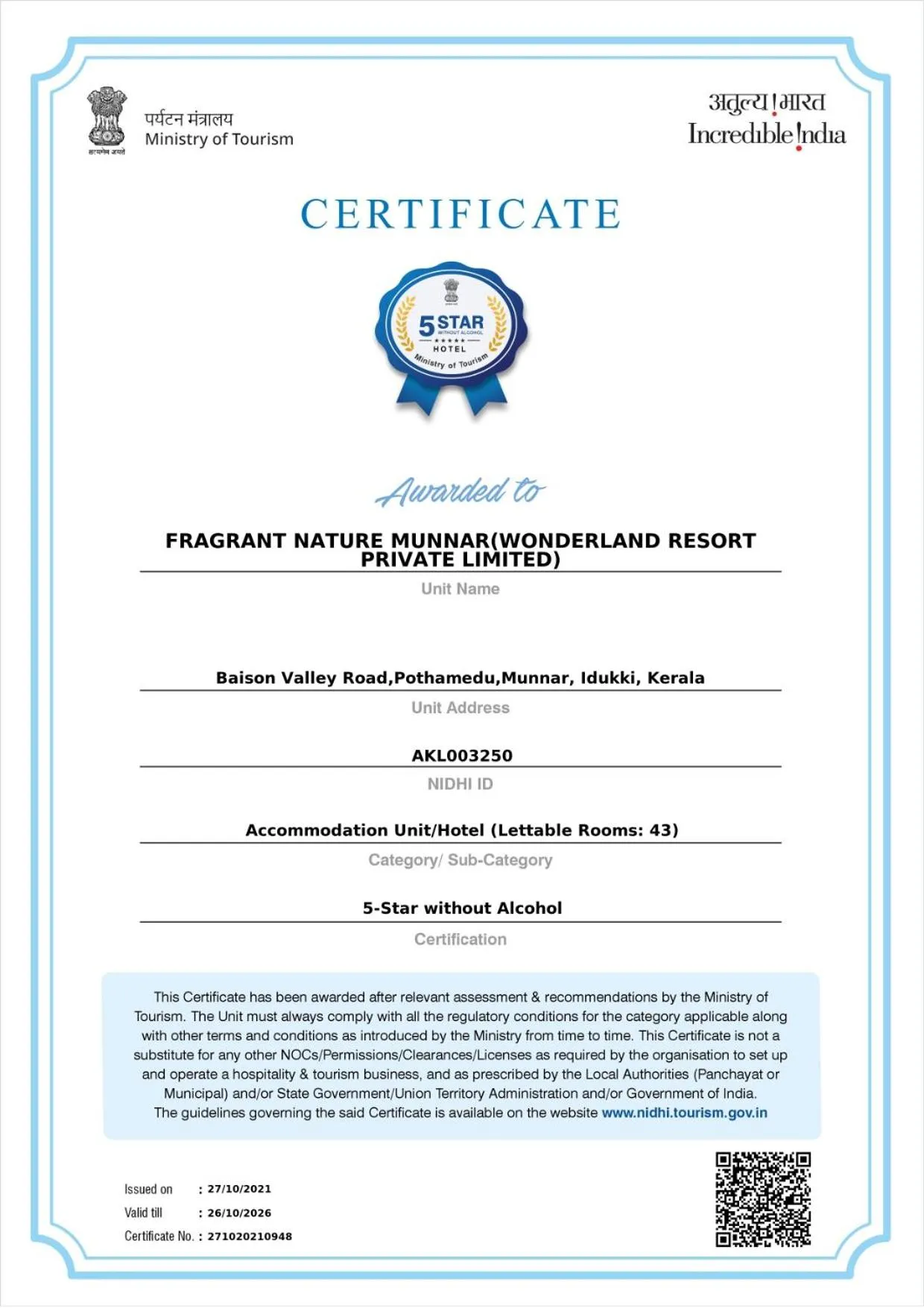 Certificate/Award in Fragrant Nature Munnar - A Five Star Classified Hotel